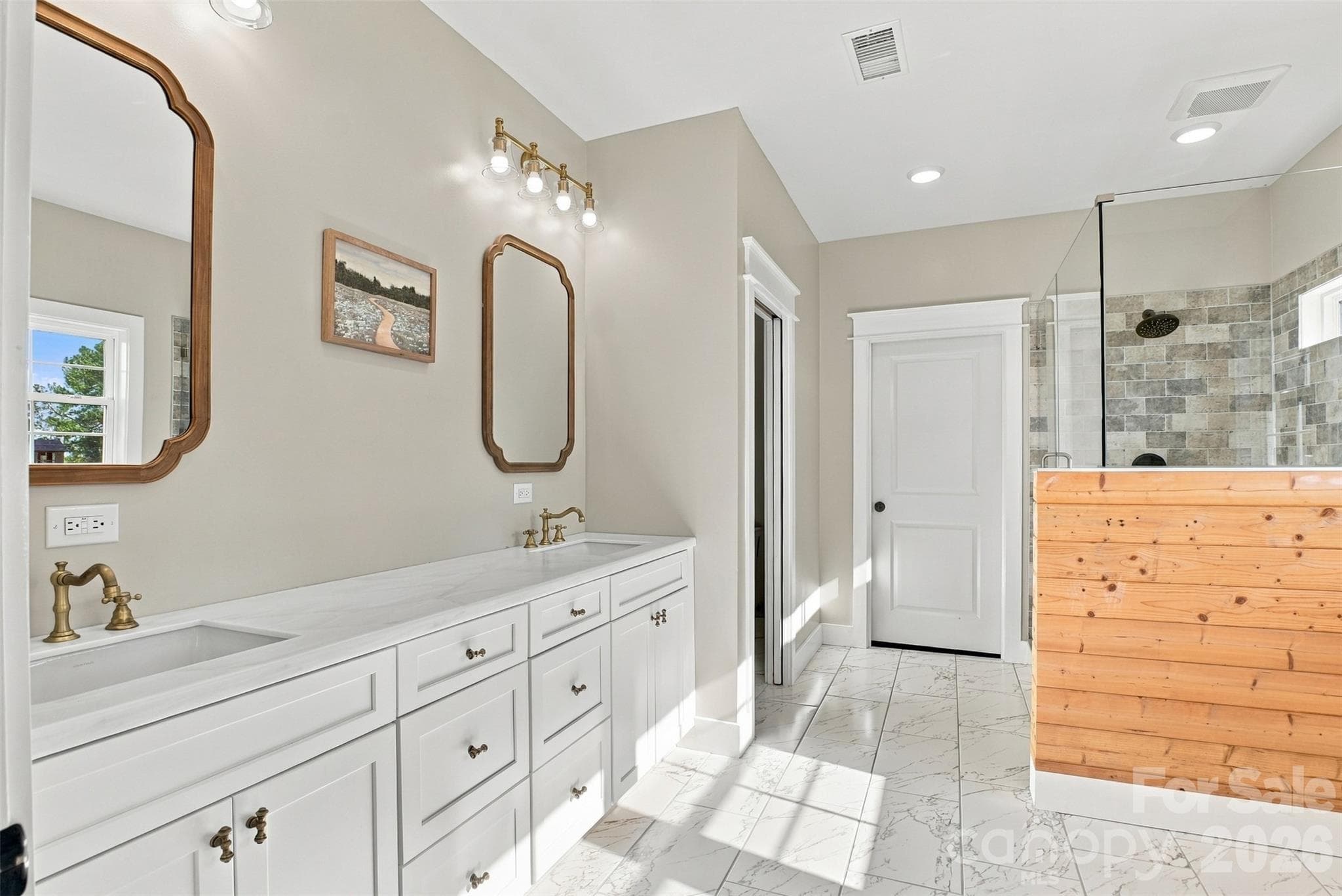 Primary bath with double sink vanity, water closet, walk-in shower and walk-in closet - 3098 Irene Bridge Highway, Hickory Grove