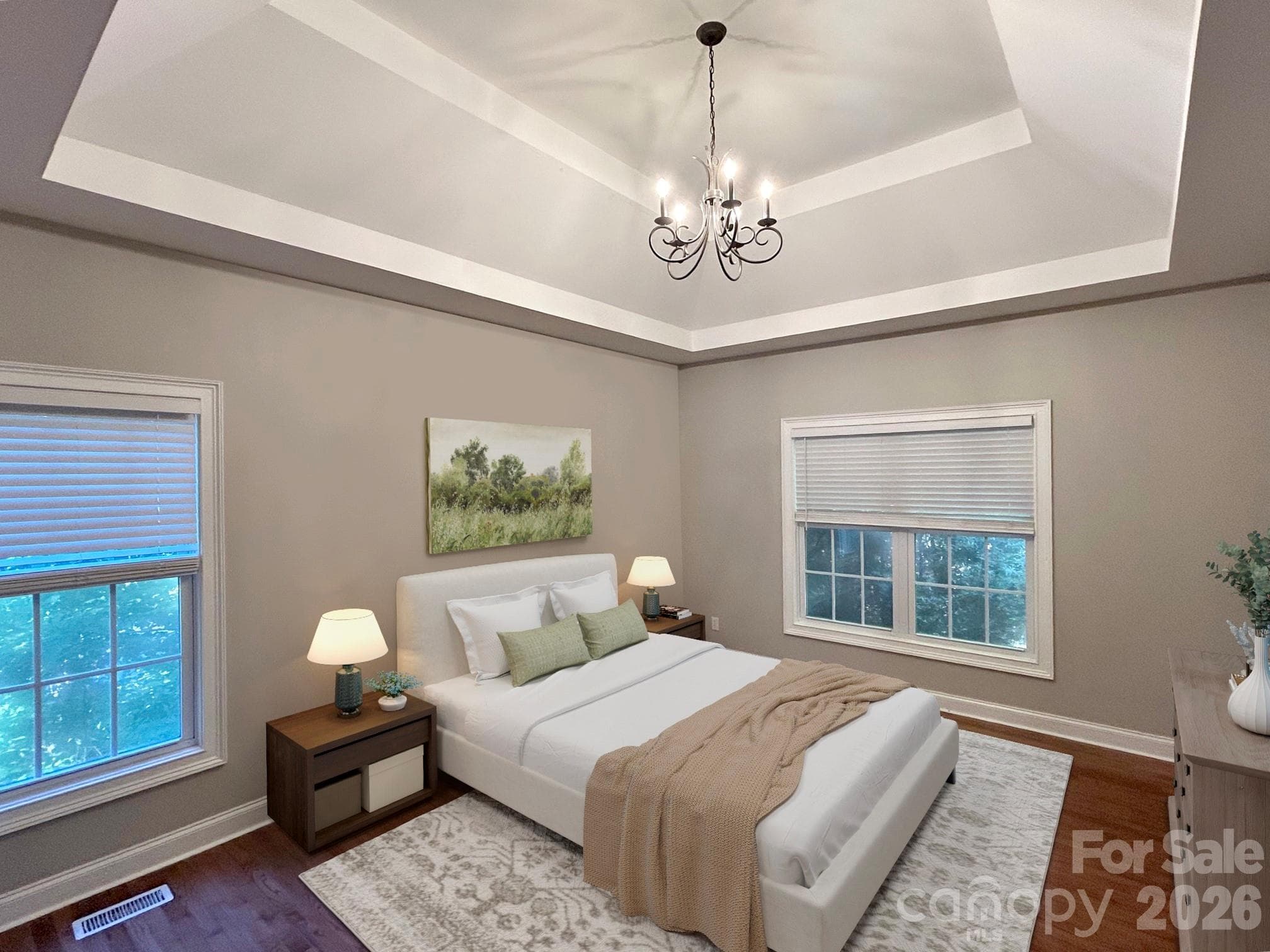 Virtually Staged Primary Bedroom with  tray ceiling - 201 Colonel Holcombe Place, Candler