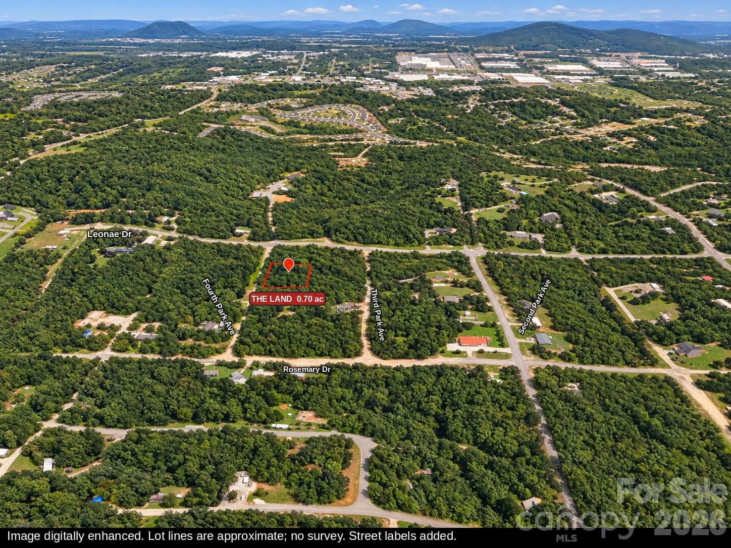 Aerial view of the 0.70 acre wooded lot in Forest Park near Randleman NC, Randolph County. Lot lines are approximate (no survey); street labels added. Image digitally enhanced. - 00-00 Fourth Park, Randleman