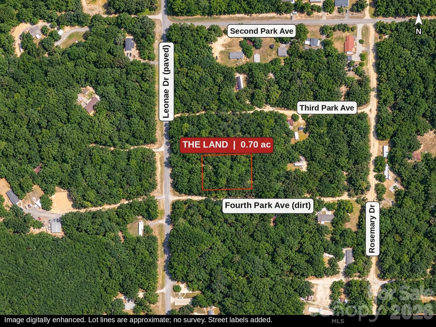 Overhead view of the land and nearby streets in Forest Park, Randolph County NC, with a north arrow. Lot lines are approximate (no survey). Image digitally enhanced. - 00-00 Fourth Park, Randleman