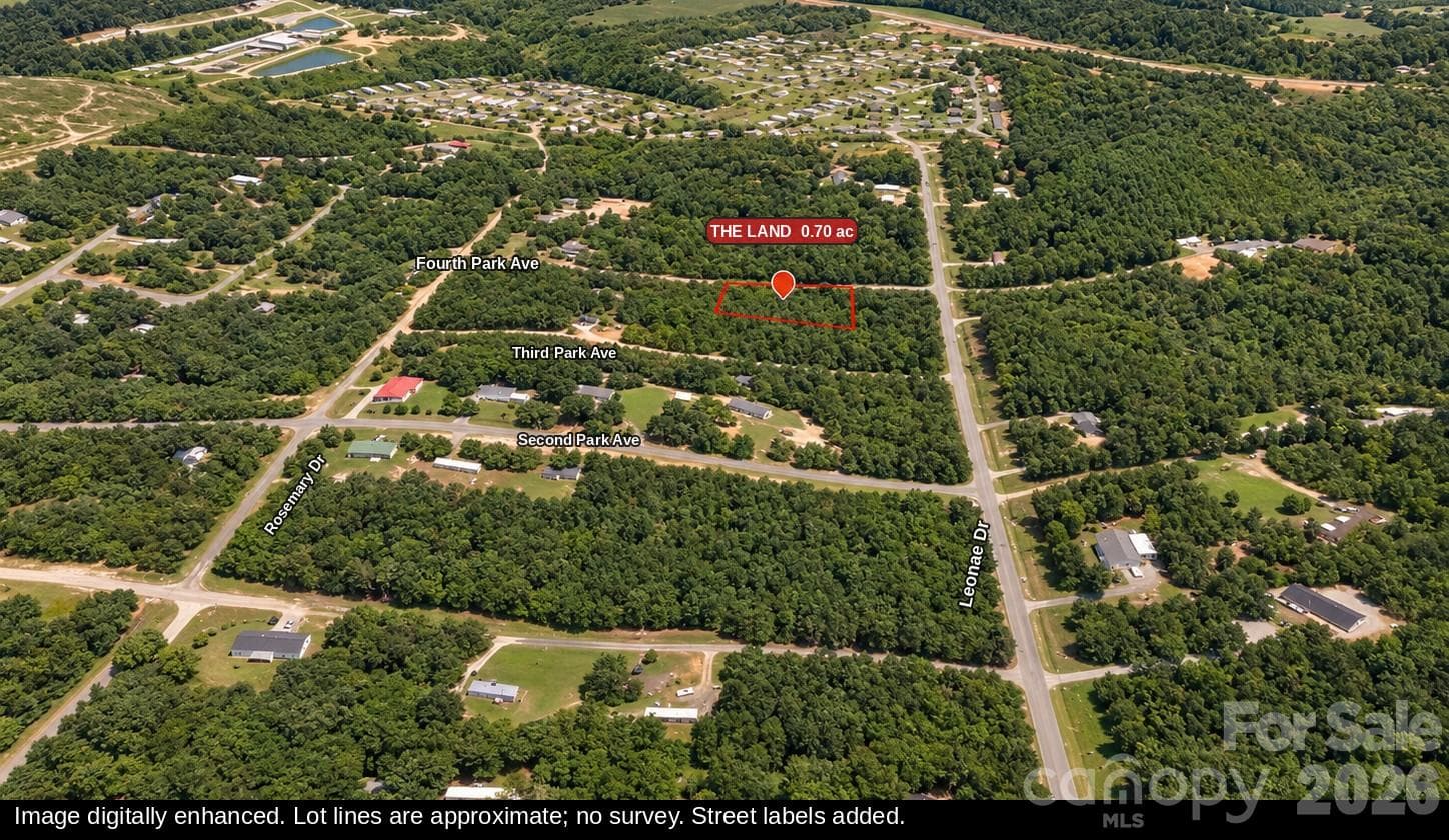 Aerial looking south over the Forest Park neighborhood near Randleman NC, with the land marked. Lot lines are approximate (no survey); street labels added. Image digitally enhanced. - 00-00 Fourth Park, Randleman