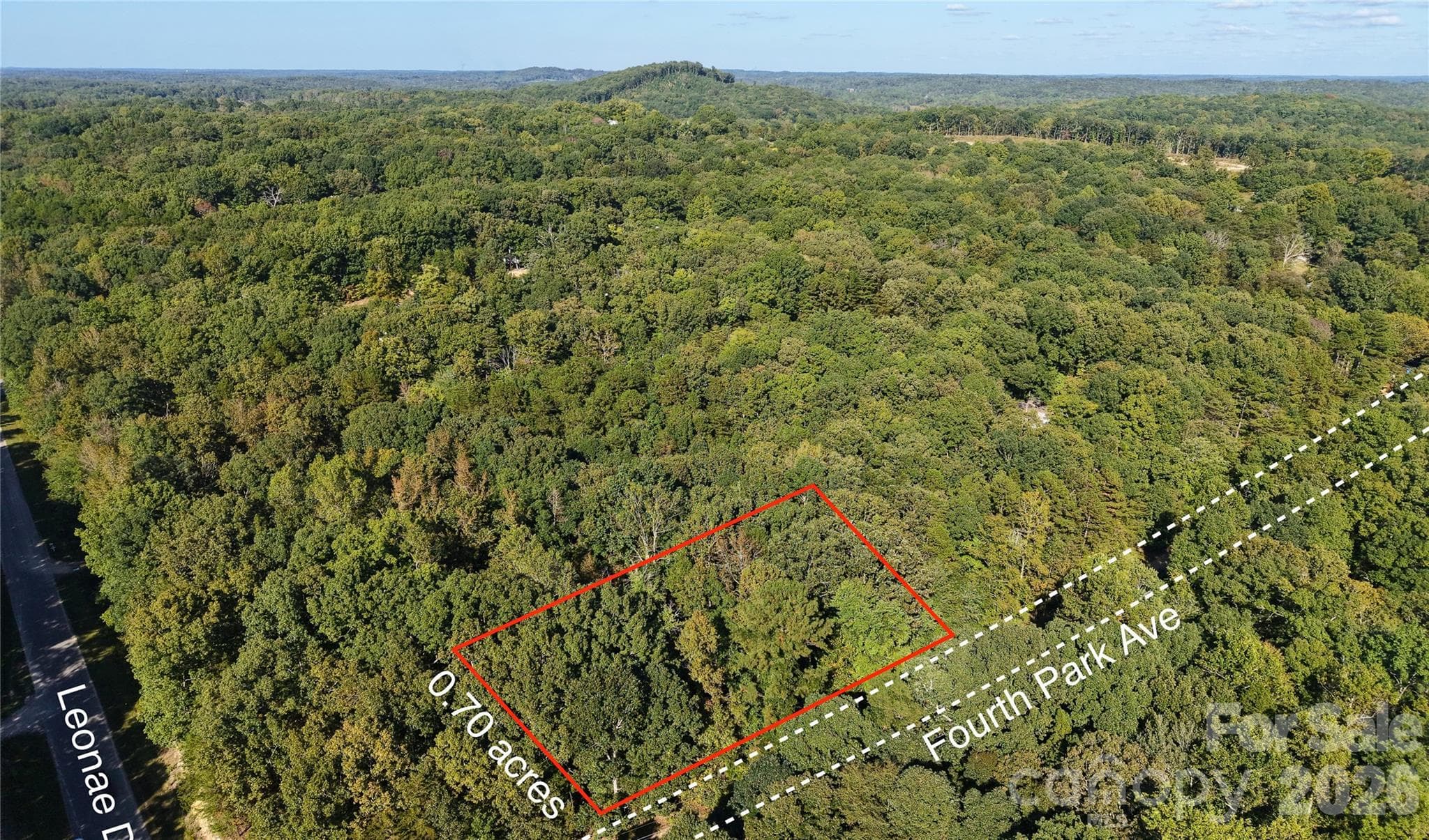 Drone aerial of the wooded 0.70 acres with the approximate lot outline, Fourth Park Ave and Leonae Dr. Lot lines are approximate; no survey. - 00-00 Fourth Park, Randleman