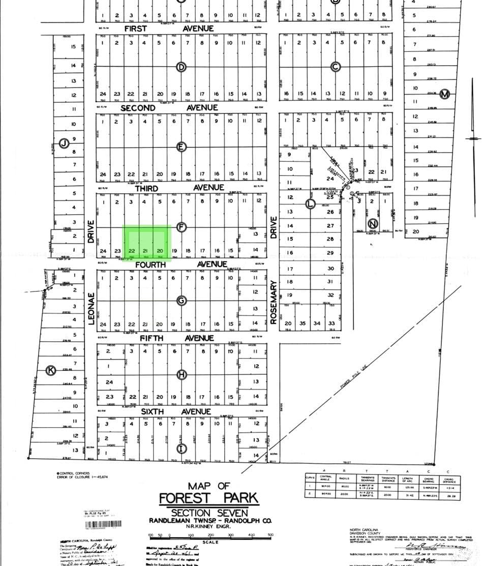 Recorded 1961 Forest Park Section Seven plat with the land (Lots 20, 21 and 22, Block F) highlighted in green. No new survey. - 00-00 Fourth Park, Randleman