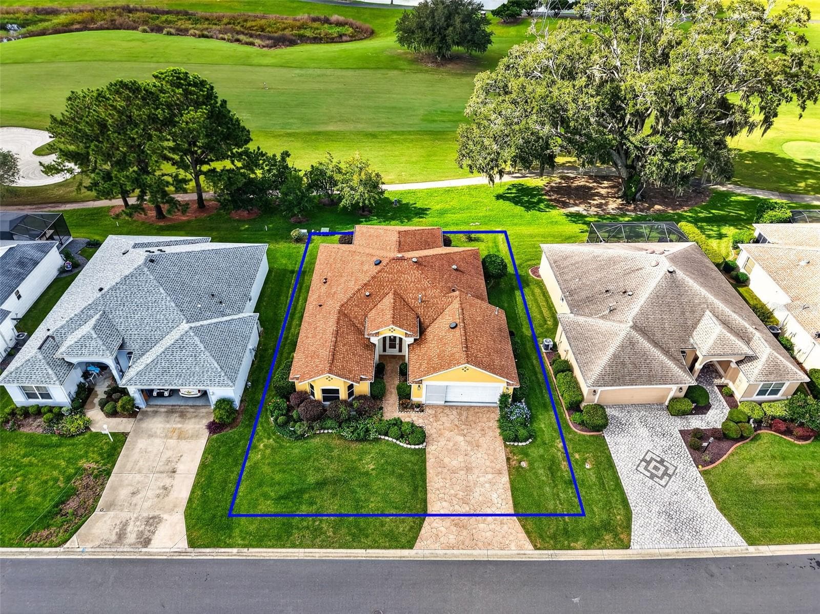 Aerial Front Elevation with Property Lines and GOLF and WATER VIEWS! - 16840 SE 85TH SAPELO CT, THE VILLAGES