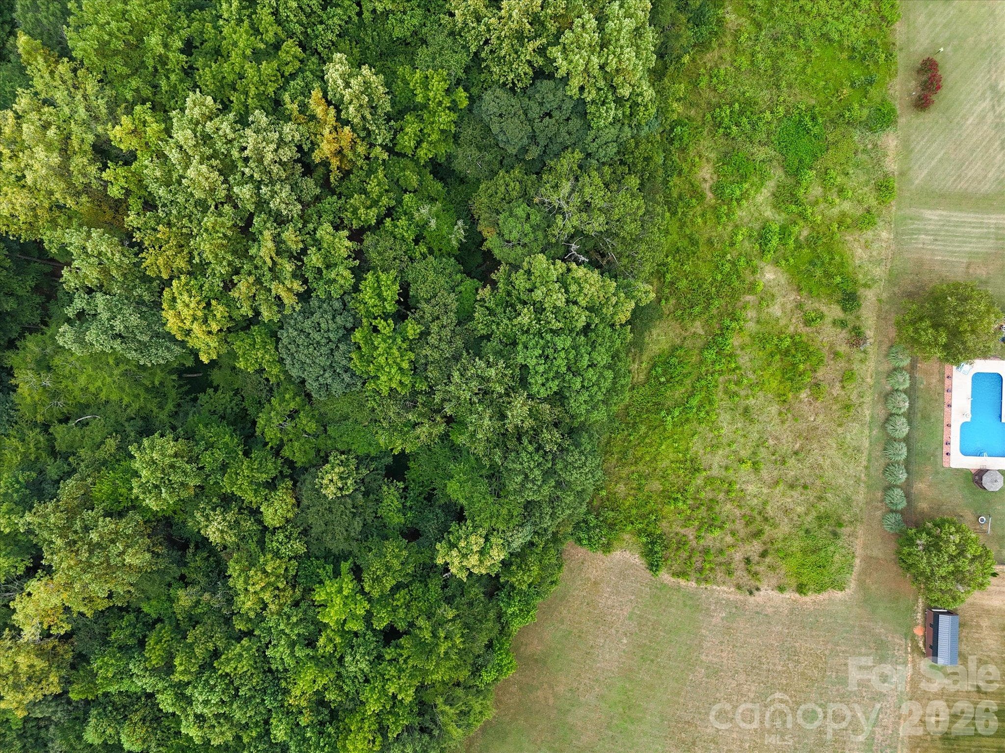 Overhead aerial view showcasing the property's beautiful combination of open green space and dense mature woodlands, offering a peaceful natural setting with added privacy and scenic surroundings. - 494 New Salem Road, Statesville