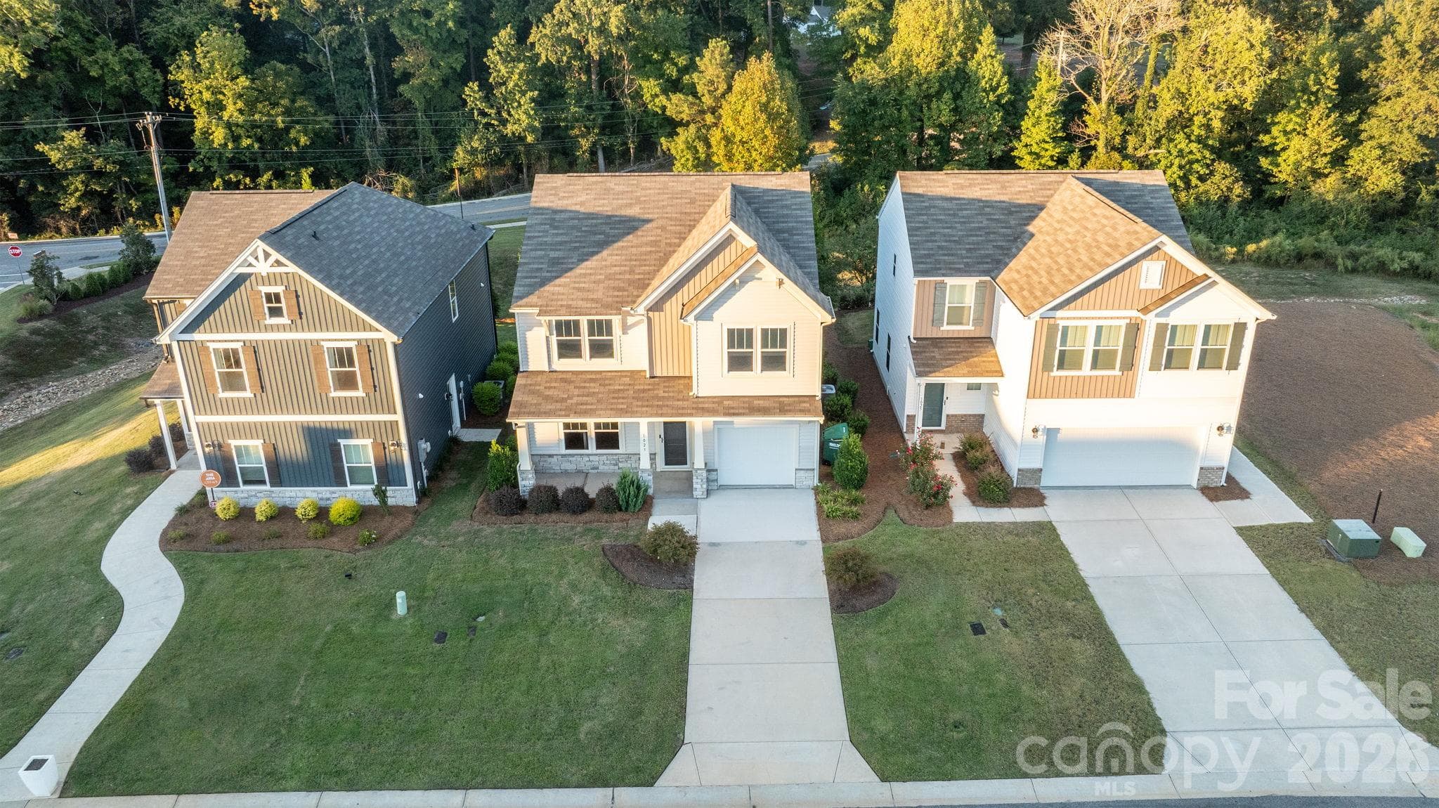 View of this home (in the middle), Community entrance in background and upscale landscaping - 1023 Freeman View Drive, Albemarle