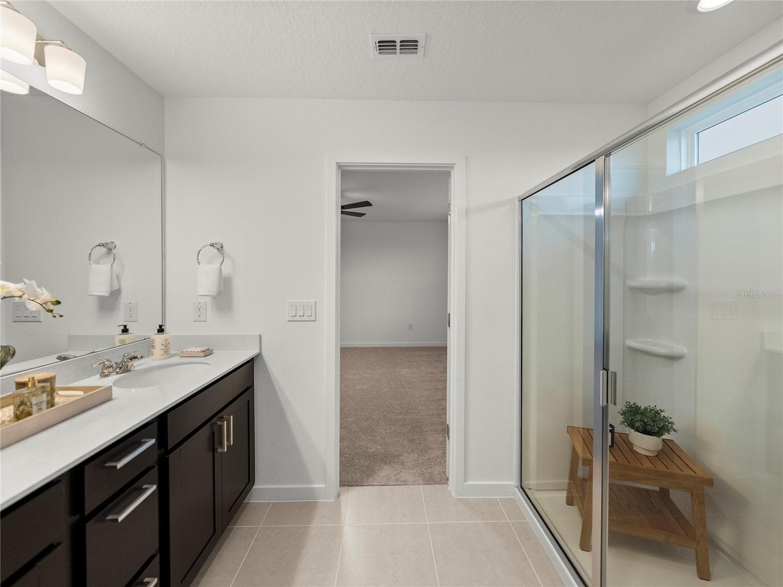Primary Bath with New Hardware & Glass Shower Enclosure - 1076 KISTNA DR, ZEPHYRHILLS