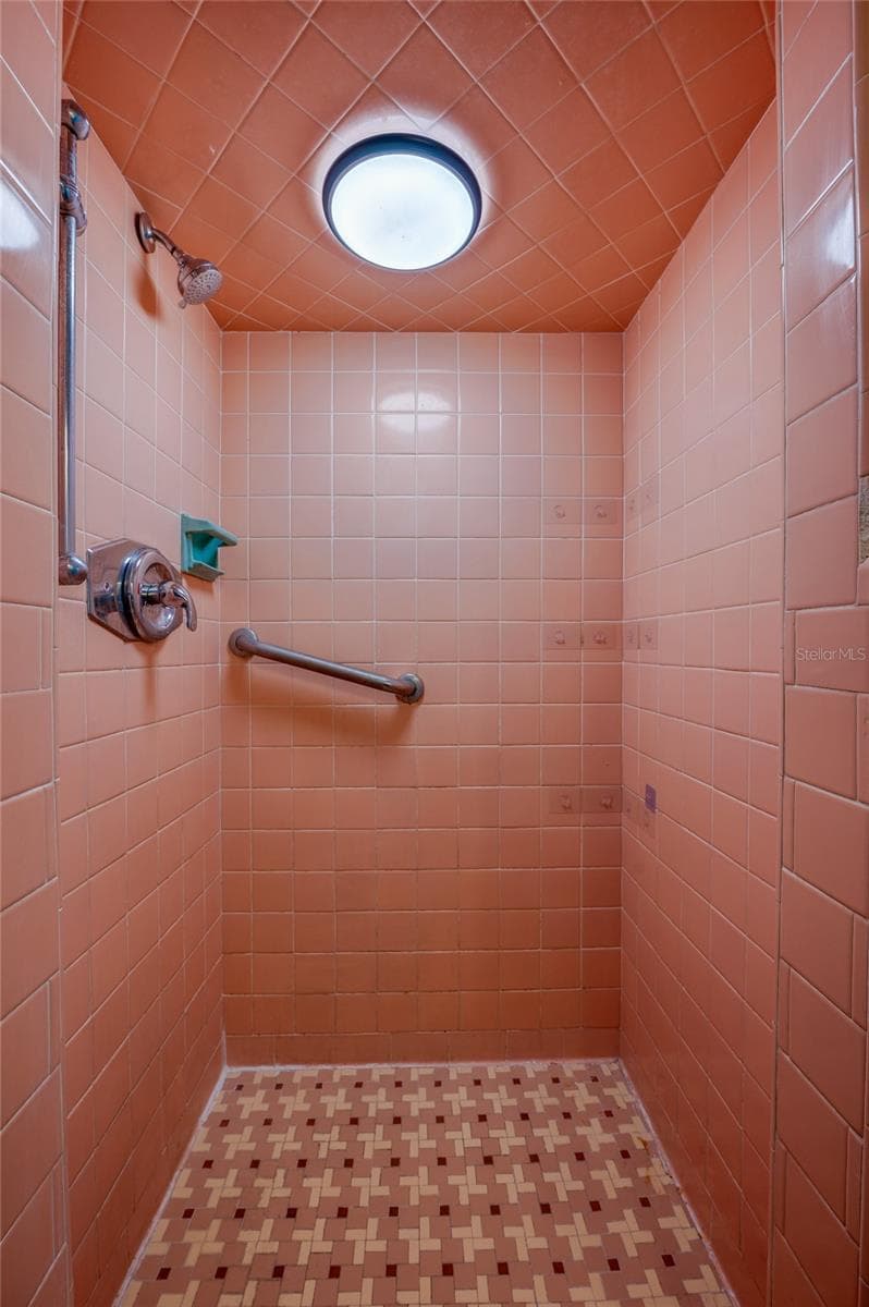 Dedicated walk-in shower stall accented with blush-pink wall tiles, a arched tile ceiling, and matching patterned mosaic floor tile. The space includes a handheld showerhead attachment and integrated wall grab bar. - 128 MINERVA RD, DAYTONA BEACH