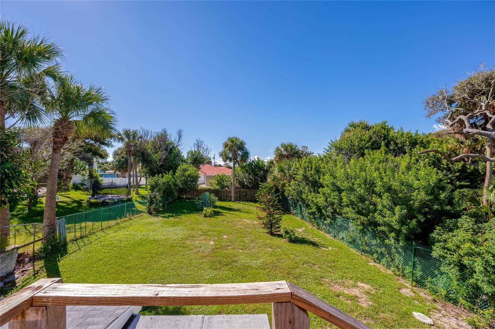 Spacious grassy backyard surrounded by lush palm trees, mature greenery, and secure fencing. An elevated wooden deck frame offers views across the entire lawn. - 128 MINERVA RD, DAYTONA BEACH