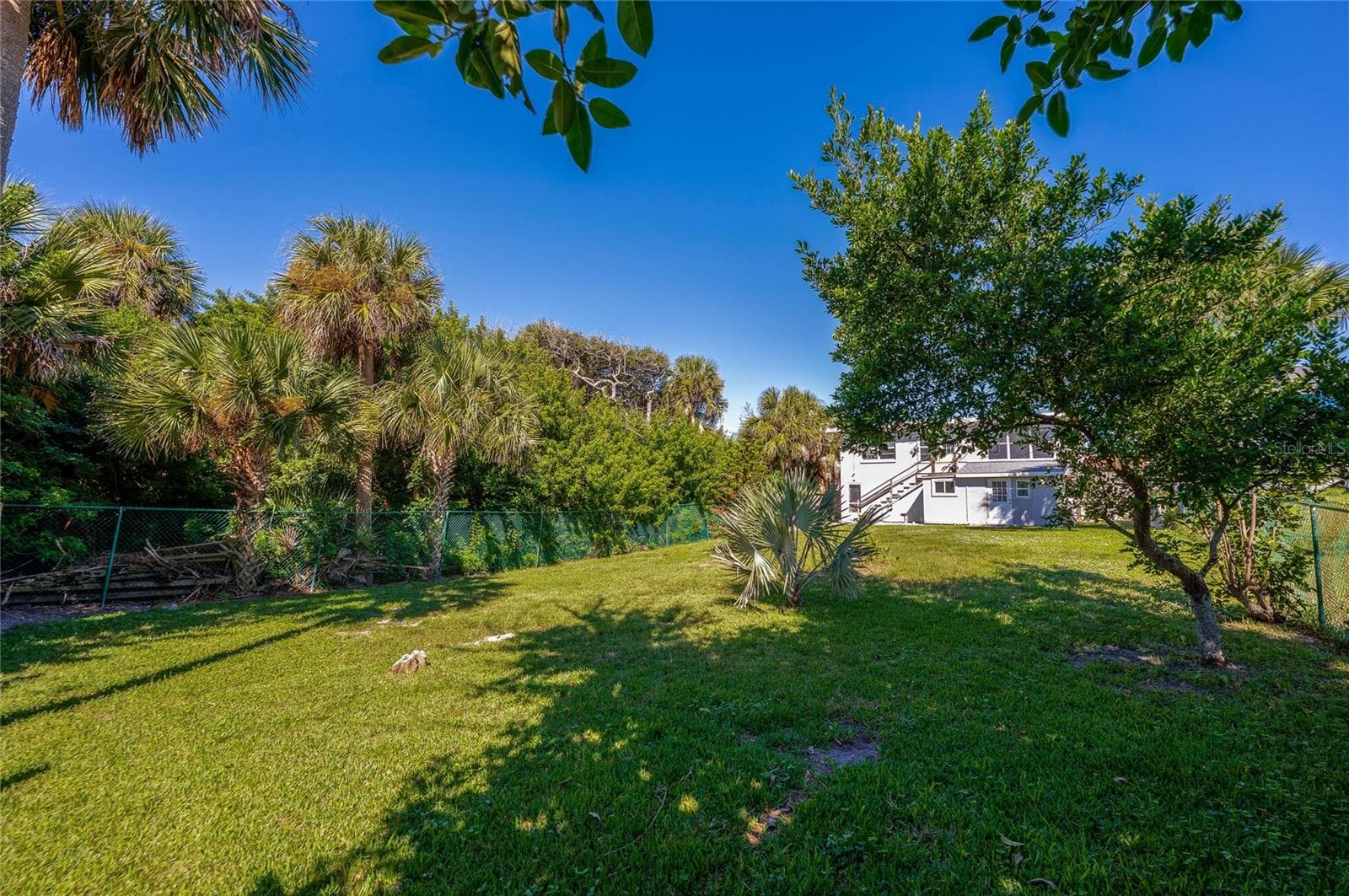 Lush green lawn surrounded by mature trees, palm plants, and chain-link fencing under a bright sky. The shaded grounds lead back toward the rear view of the home. - 128 MINERVA RD, DAYTONA BEACH