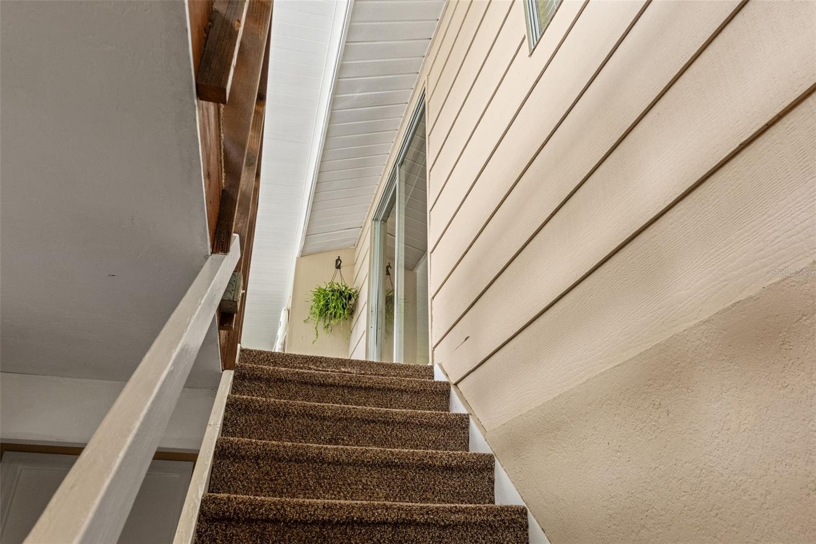 A carpeted stairway connects the elevated upper living area with the lower level. This view highlights the home's distinctive two-level design and access to the screened upper porch. - 13 FRESHWATER, PALM HARBOR