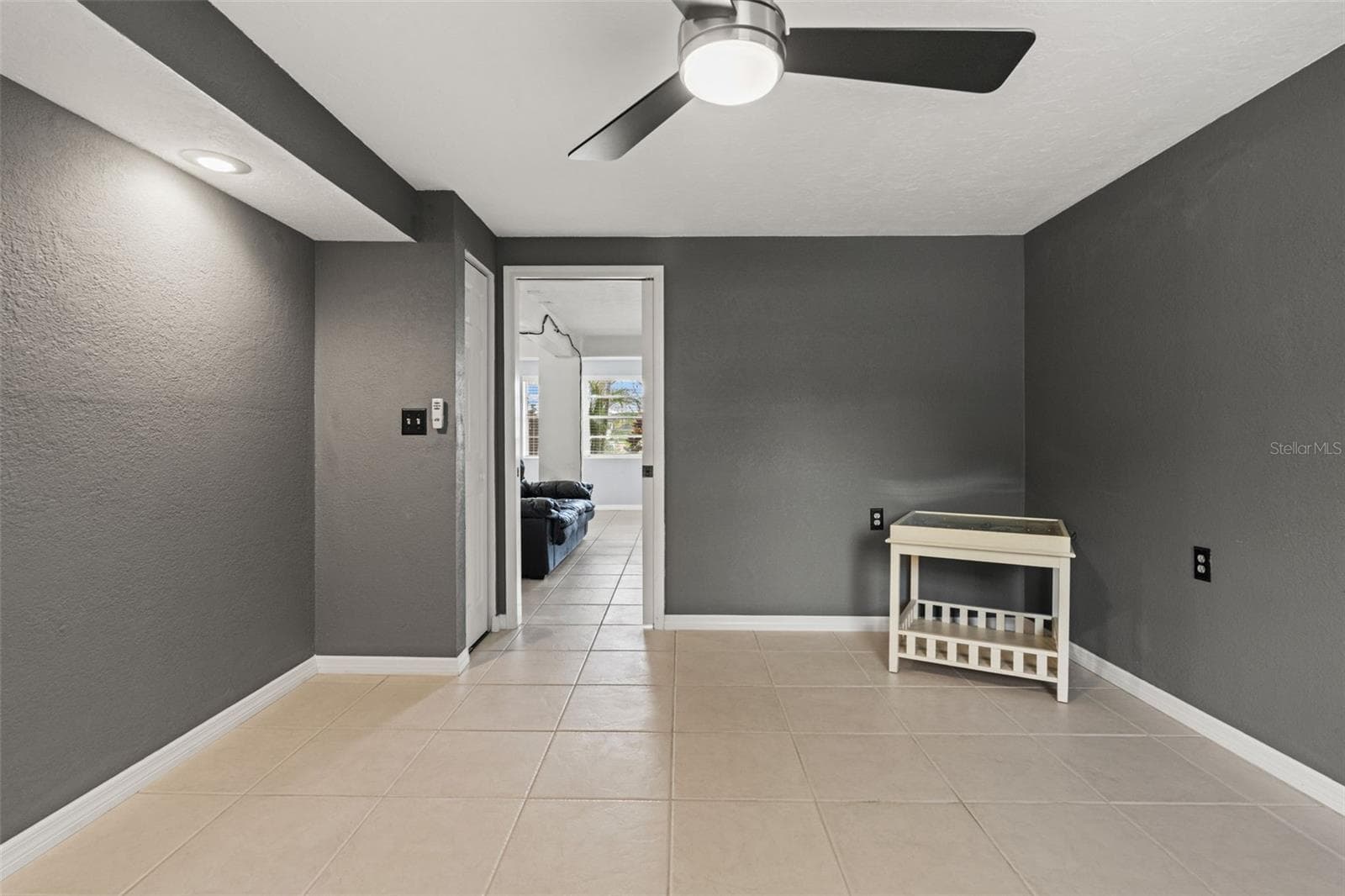 A second perspective highlights the room's open floor area, dark gray walls, and easy connection to the adjoining living space. The combination of natural light, closet storage, and separation from the main gathering area makes this a useful addition to the home's lower level. - 13 FRESHWATER, PALM HARBOR