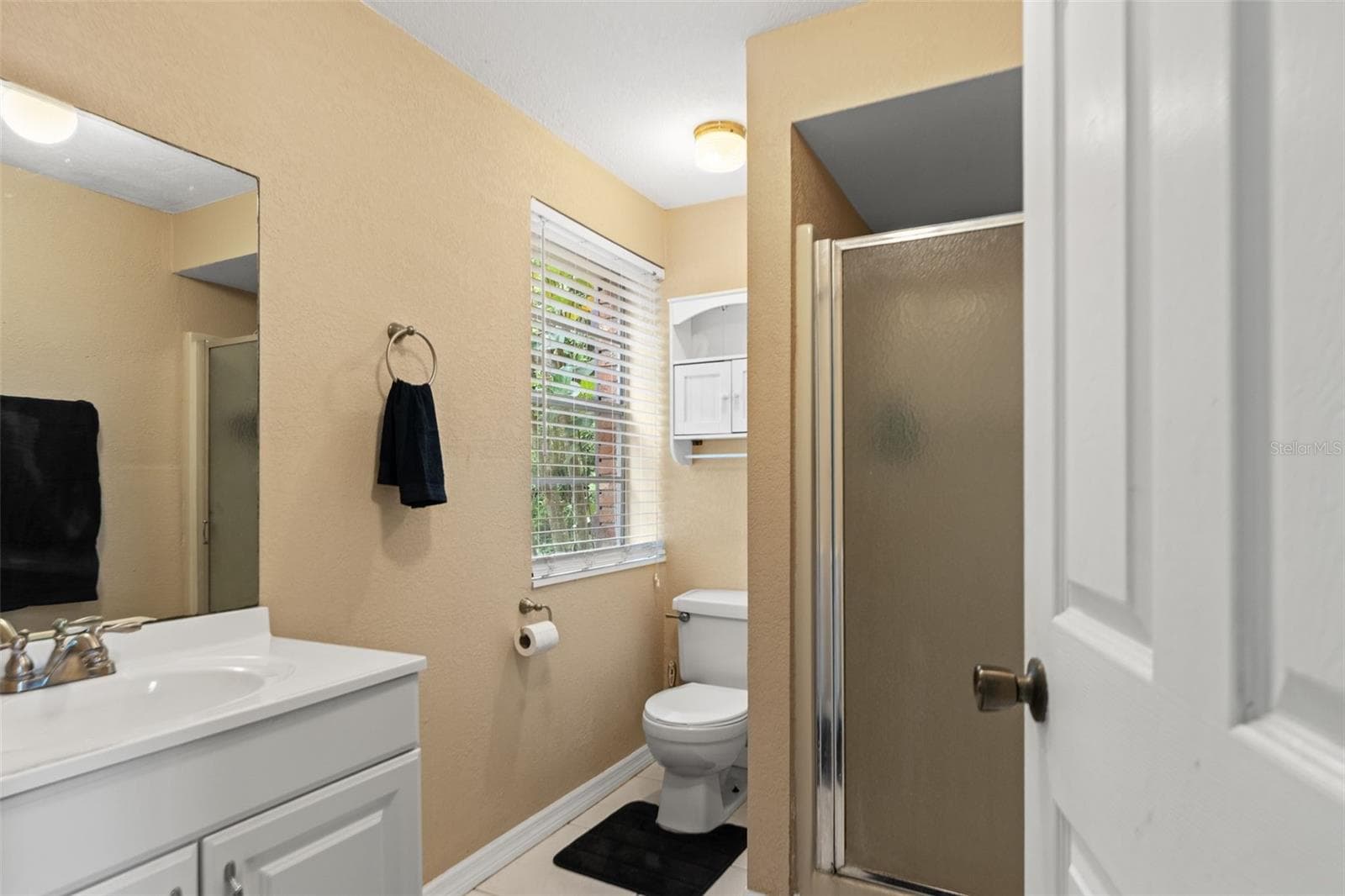 This lower-level bathroom features a white vanity, a walk-in shower with frosted glass enclosure, and a window that welcomes natural light. Conveniently located near the kitchenette and living area, it adds functionality to the home's flexible downstairs layout. - 13 FRESHWATER, PALM HARBOR