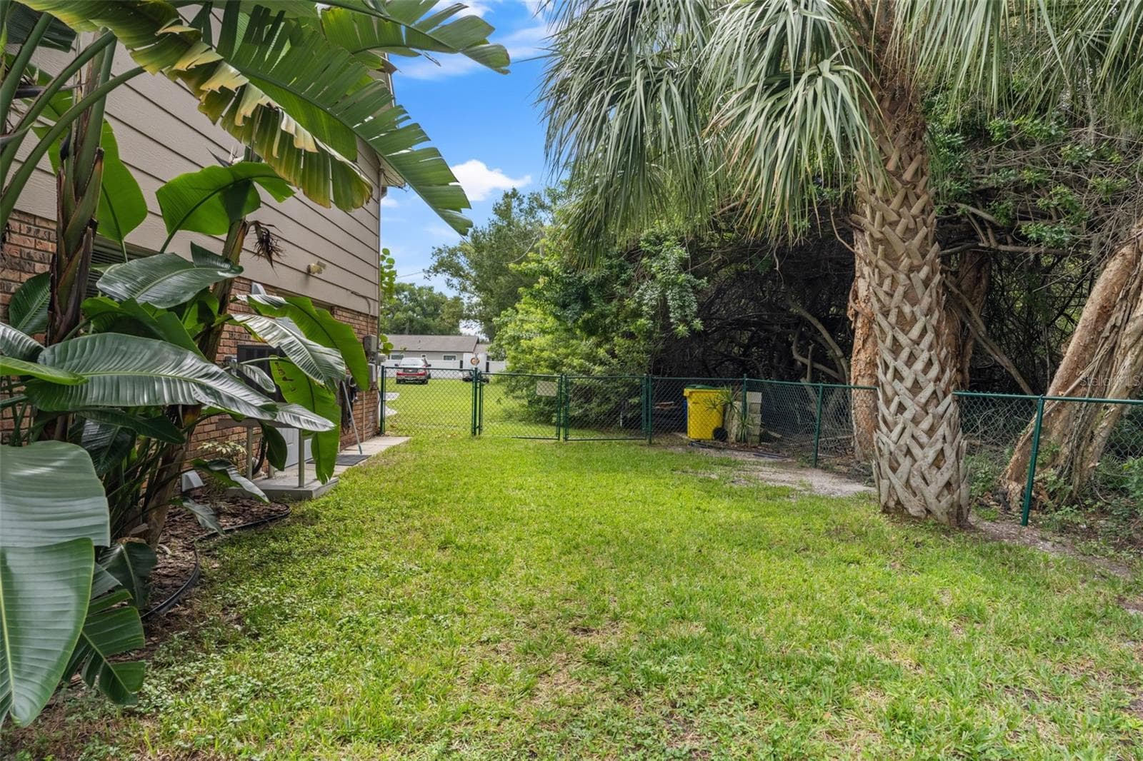 A generous grassy side yard offers additional outdoor space, framed by mature palms and lush tropical foliage. The fenced area provides room for pets, gardening, or enjoying the Florida sunshine, while a gate offers convenient access toward the front of the property. - 13 FRESHWATER, PALM HARBOR
