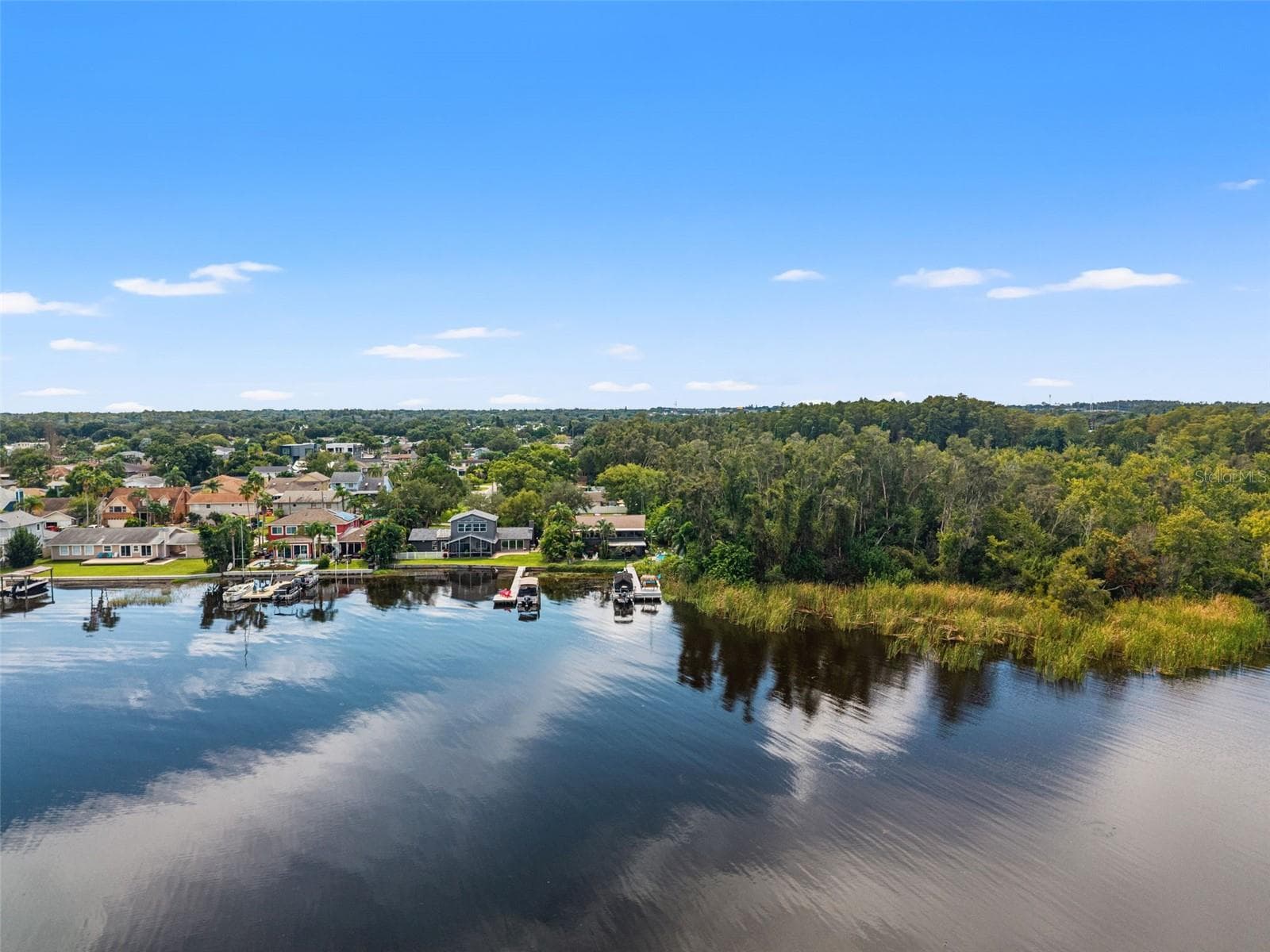 This aerial view captures the home's elevated design, tropical backyard, private dock, and neighboring waterfront properties. The dock's boat lift and shaded seating area offer convenient access to recreation and relaxation, with a wooded natural area adjoining the property. - 13 FRESHWATER, PALM HARBOR