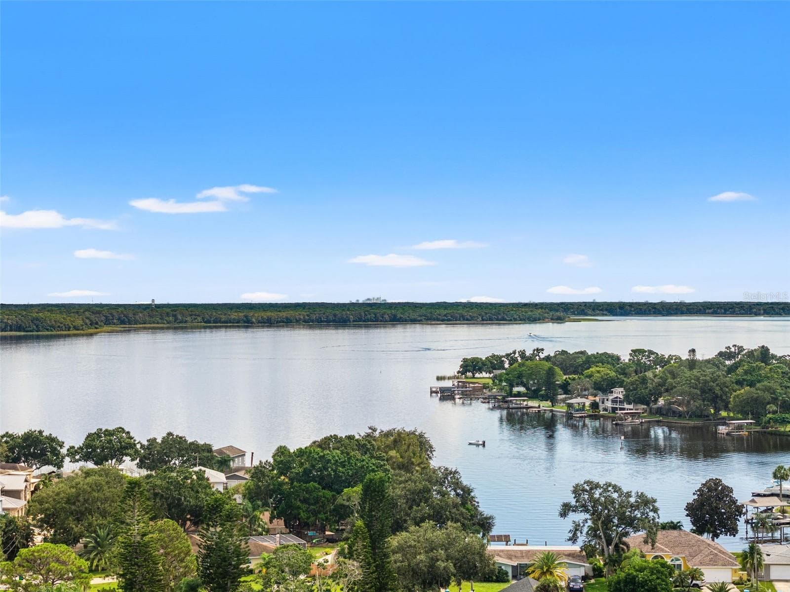 An expansive aerial view captures the beauty of the lake, with broad stretches of open water, natural shoreline vegetation, and distant tree-lined banks. It's a setting that invites afternoons on the boat, peaceful mornings by the water, and an appreciation for Florida's natural scenery. - 13 FRESHWATER, PALM HARBOR