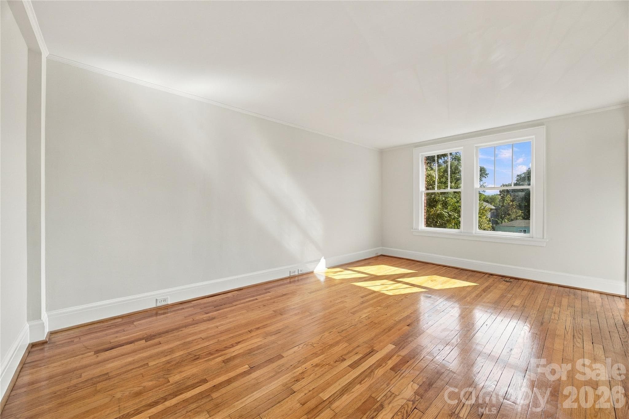 Large windows fill the living room with light, highlighting original hardwood floors. - 712 Louise Avenue, Charlotte