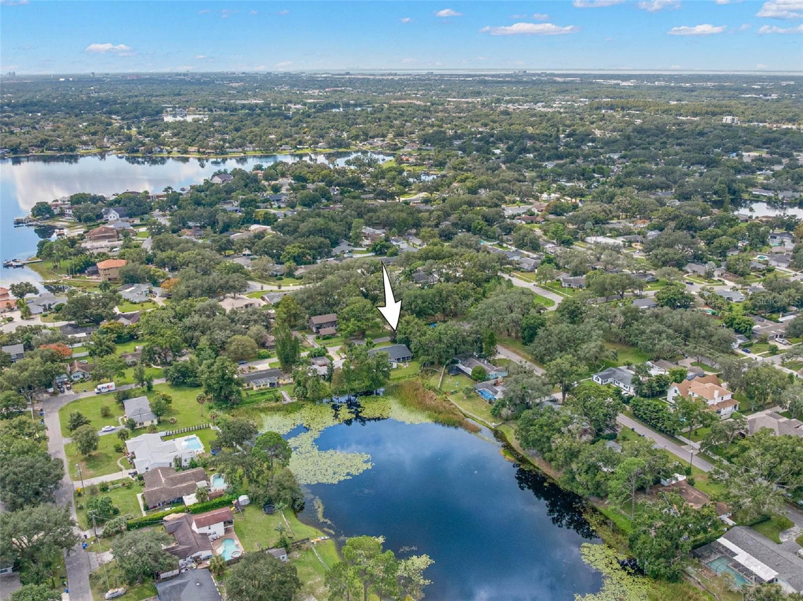 A bird's-eye perspective highlights the home's waterfront setting, with a tranquil pond bordering the backyard and mature trees throughout the surrounding Carrollwood neighborhood. - 3013 GRAHAM LN, TAMPA