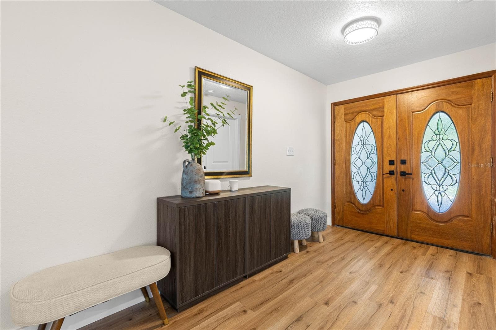 A welcoming foyer highlights the distinctive double wood entry doors with decorative oval glass inserts, warm wood-look luxury vinyl flooring, and contemporary overhead lighting. The extended entryway offers plenty of room for a console table or additional seating. - 3013 GRAHAM LN, TAMPA
