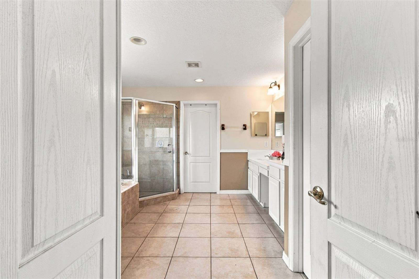 The primary bathroom entry features double doors offering a spa like feel. - 19025 FISHERMANS BEND DR, LUTZ