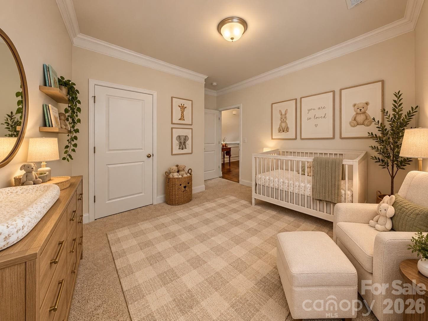 Virtually staged and edited to show secondary bedroom as a nursery - 406 Secretariat Drive, Iron Station