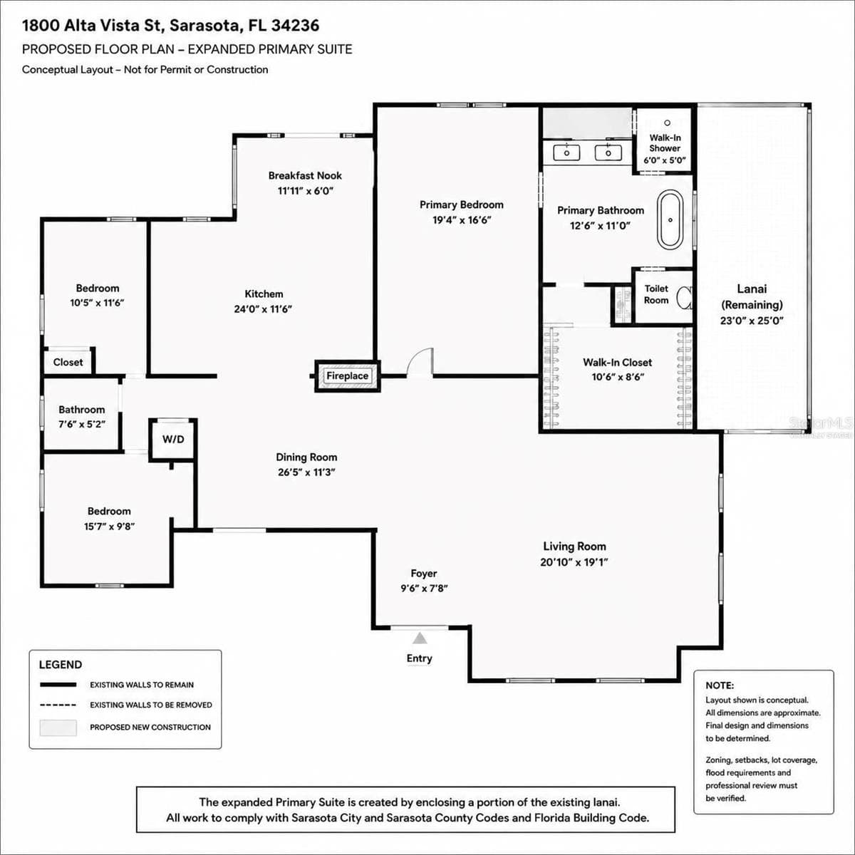 Virtually staged - AI rendering of possible Primary bedroom expansion - 1800 ALTA VISTA ST, SARASOTA