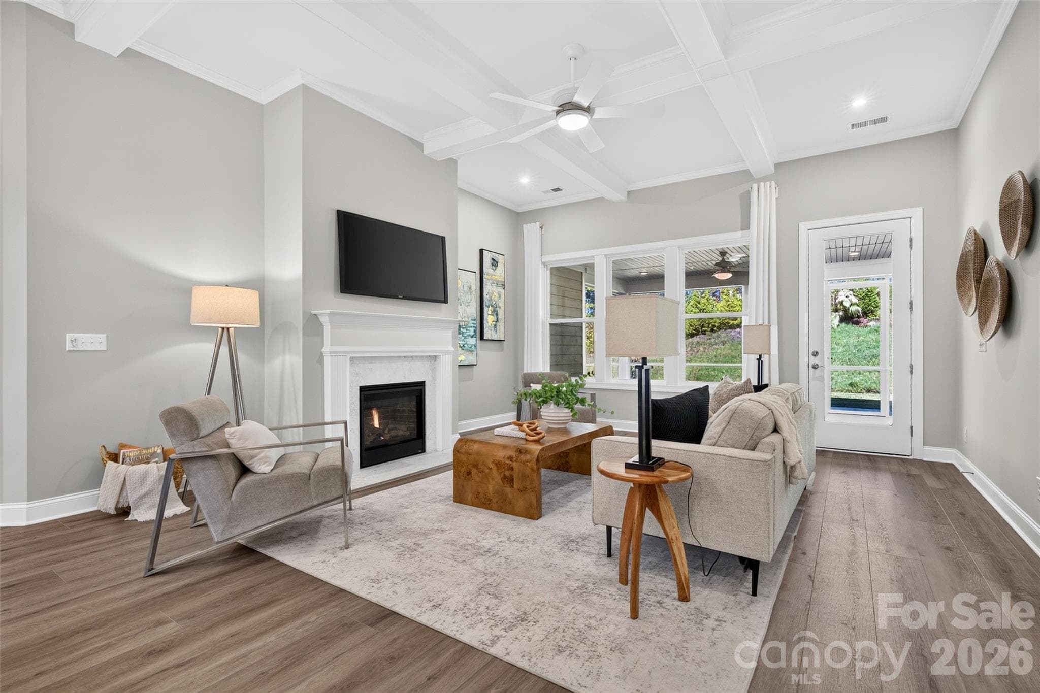 Family Room has gorgeous coffered ceiling and gas vented fireplace - 13413 Cozy Court, Charlotte