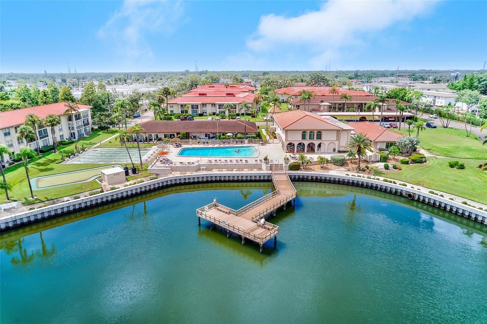 Aerial view of clubhouse, pool and fishing pier - 19029 US HIGHWAY 19 N #21F, CLEARWATER