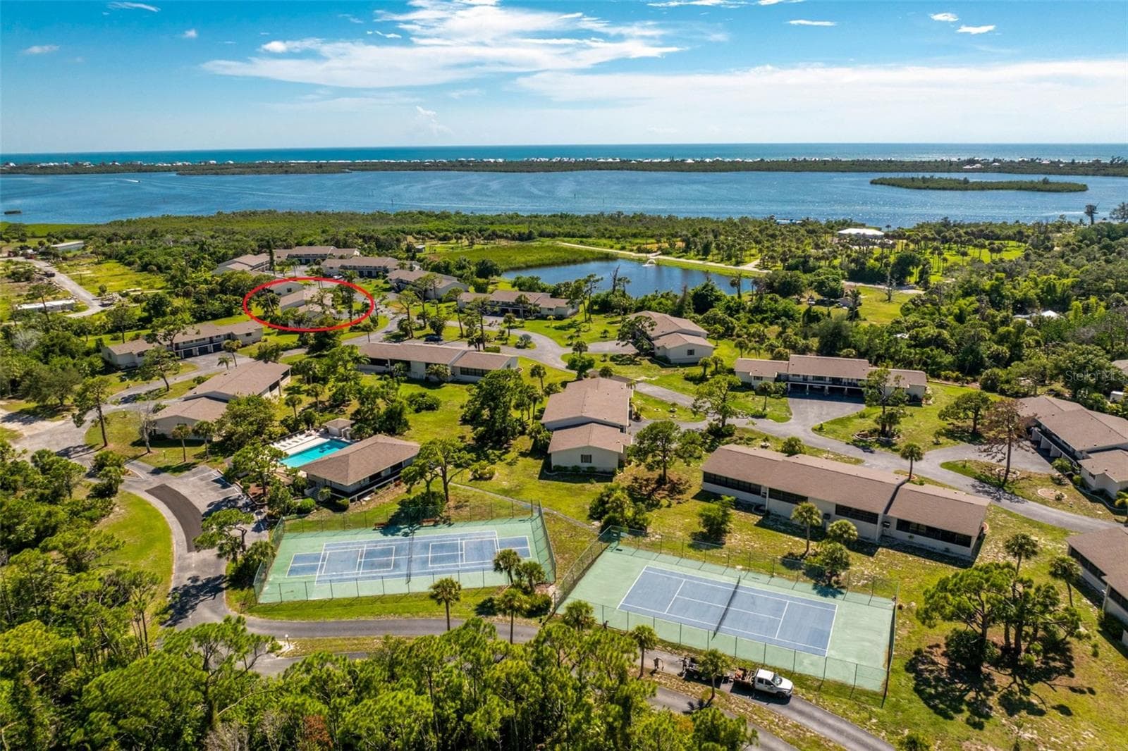 Aerial 11 - tennis/pickleball courts and clubhouse and pool - 4260 PLACIDA RD #9C, ENGLEWOOD