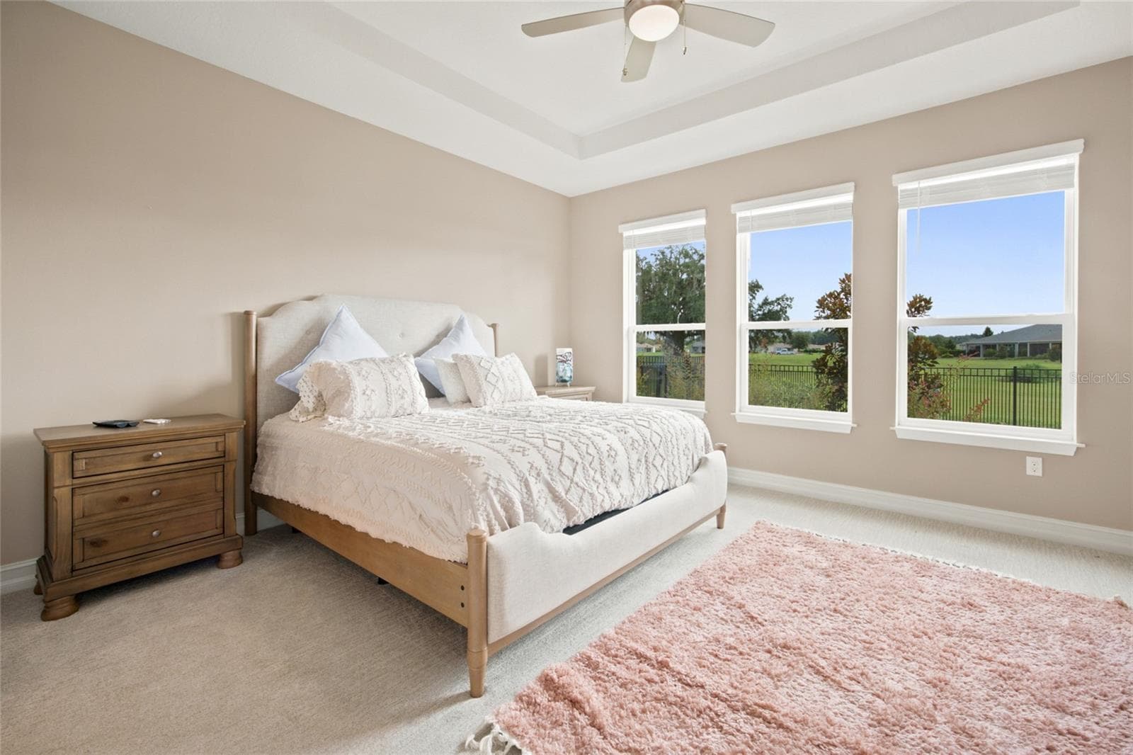 Generously sized primary bedroom featuring a tray ceiling and three windows overlooking the backyard. - 4497 NW 54TH TER, OCALA