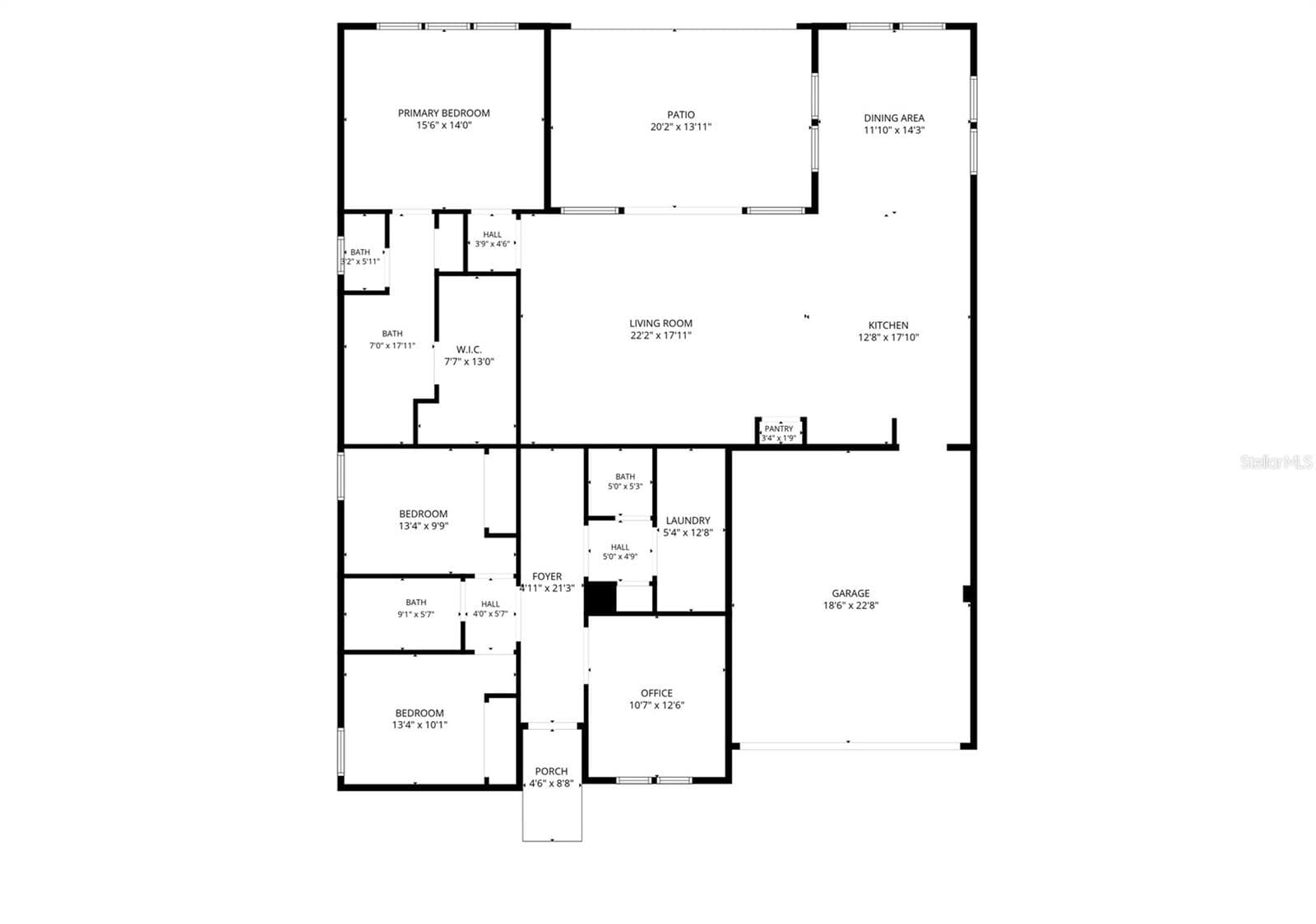 Floor plan illustrating the three-bedroom layout, dedicated office, living areas and covered patio. - 4497 NW 54TH TER, OCALA