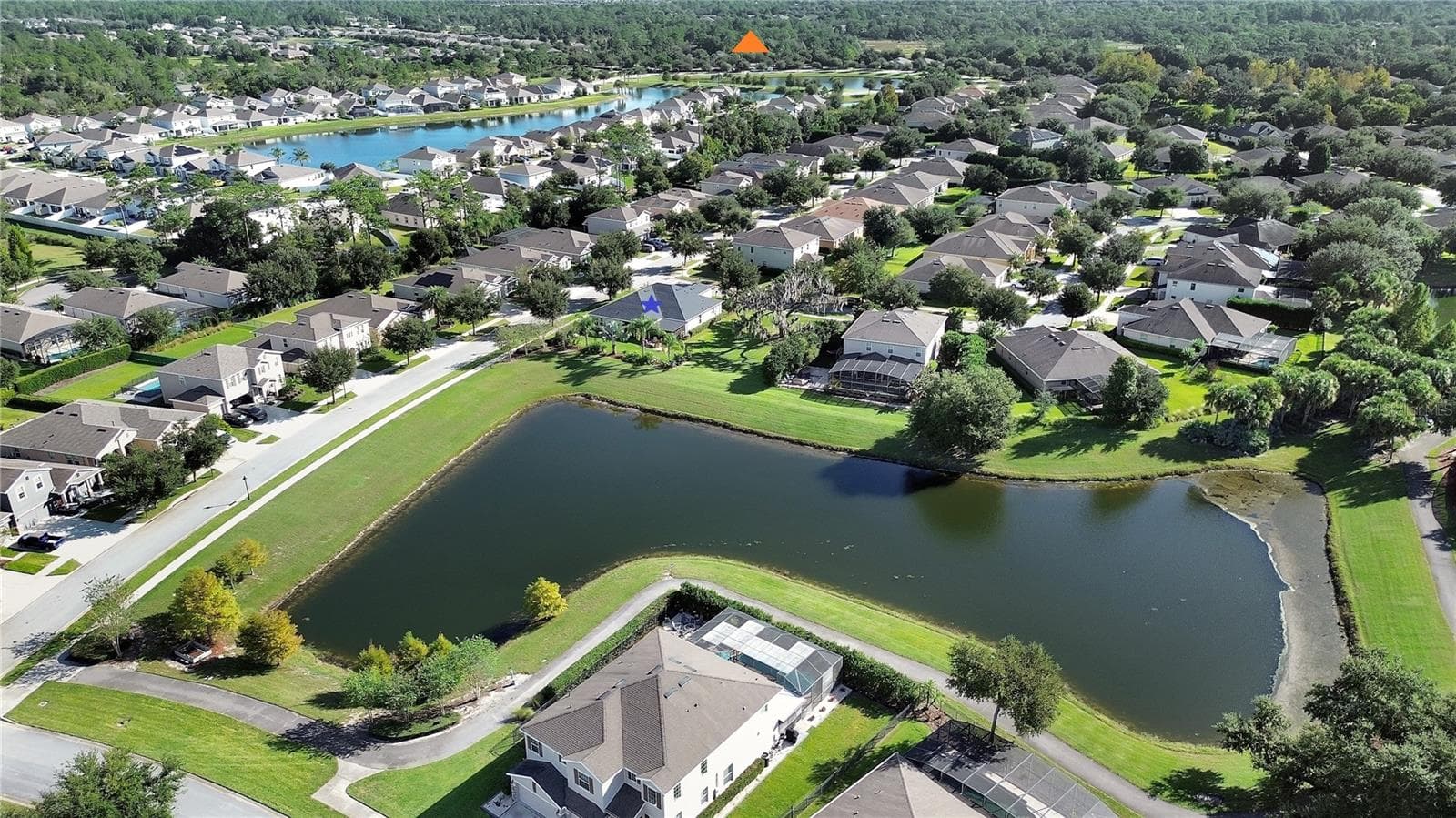 Aerial back showing Amenity location with orange triangle - 126 MYRTLEBERRY LN, DELAND