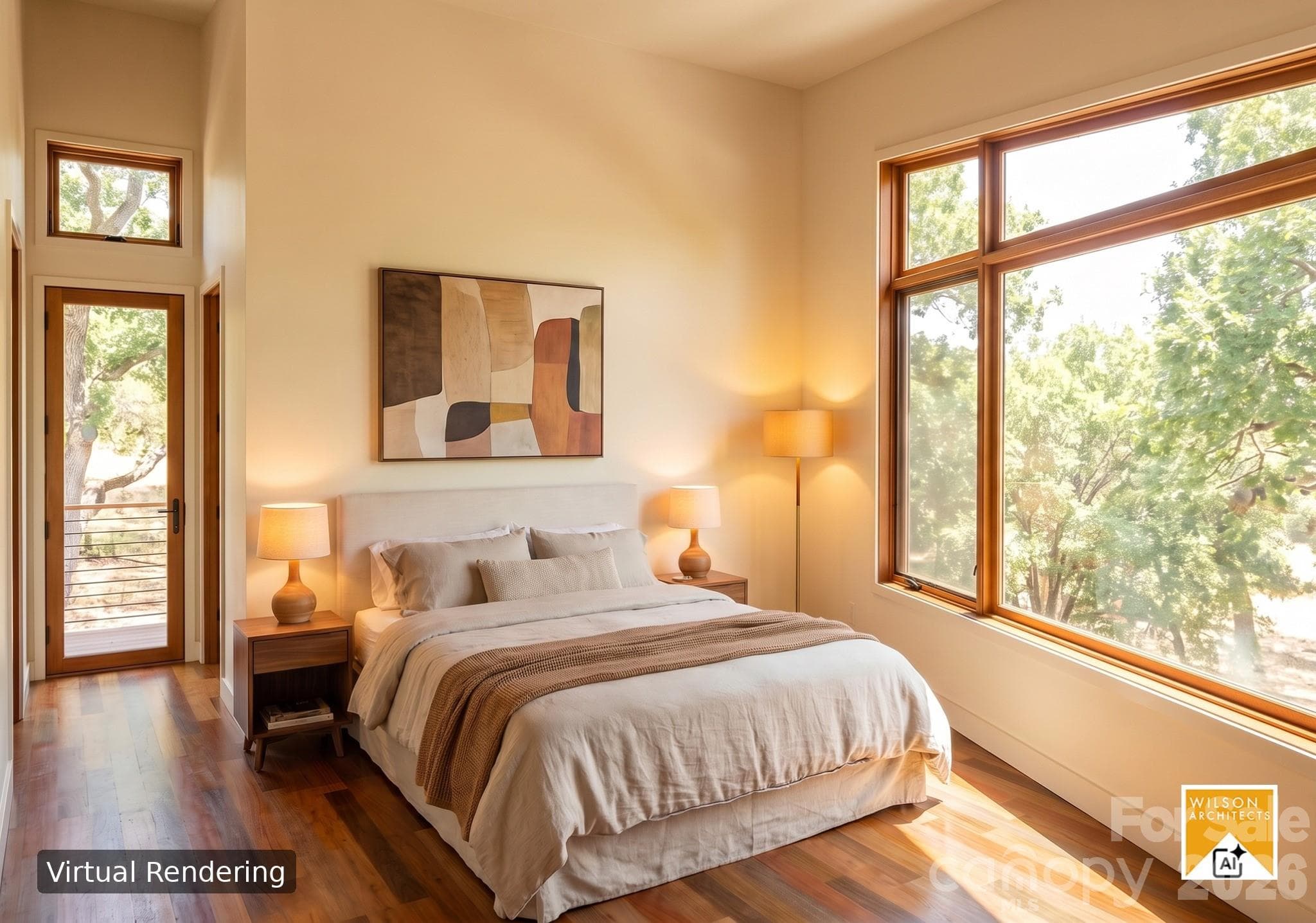Primary main level bedroom with access to back deck. Virtual Rendering by Wilson Architects. - 31 Trade Street, Asheville