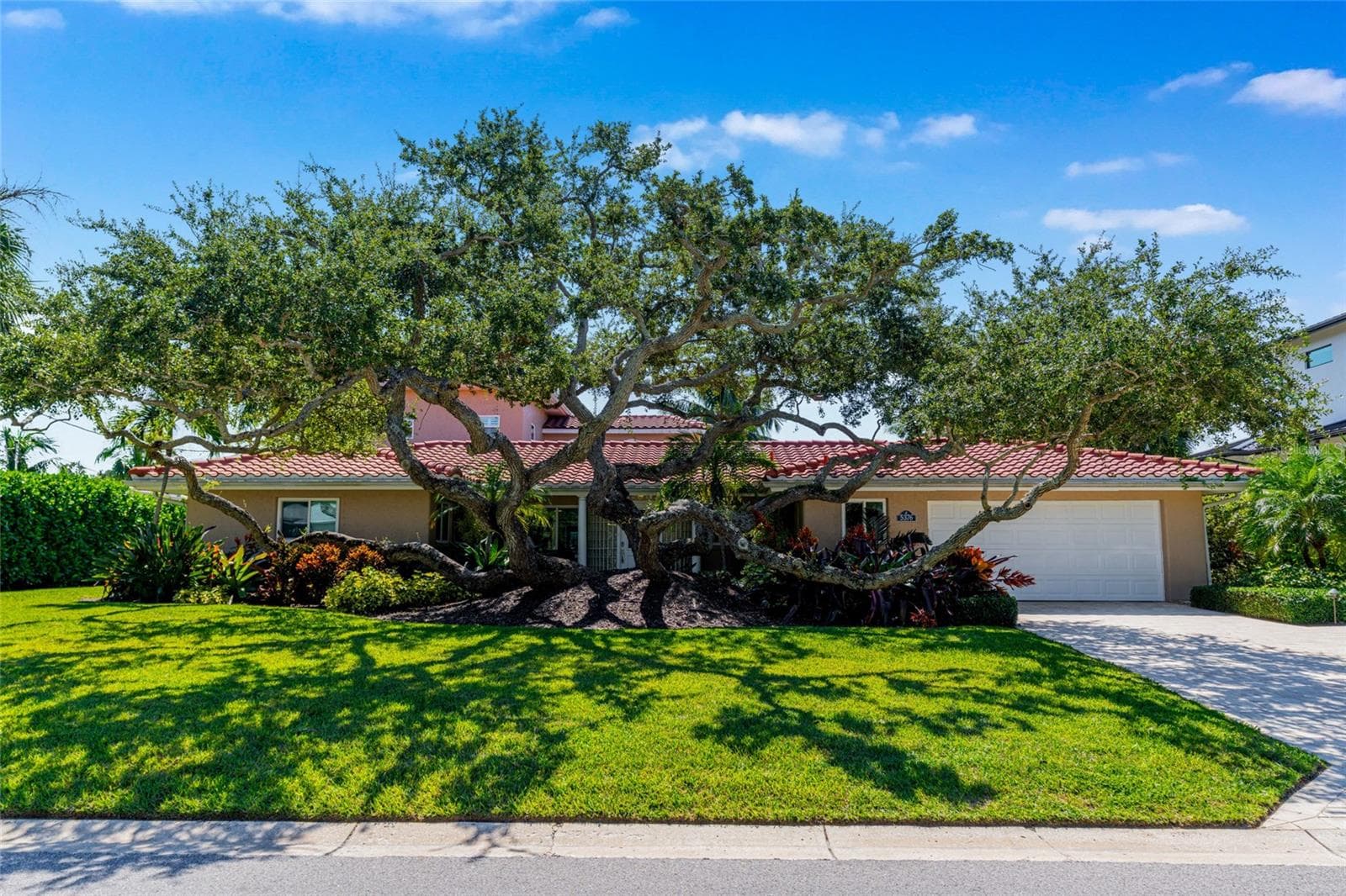 Welcoming front exterior of 5376 Shadow Lawn Drive framed by mature trees, tropical landscaping and a paver driveway. - 5376 SHADOW LAWN DR, SARASOTA
