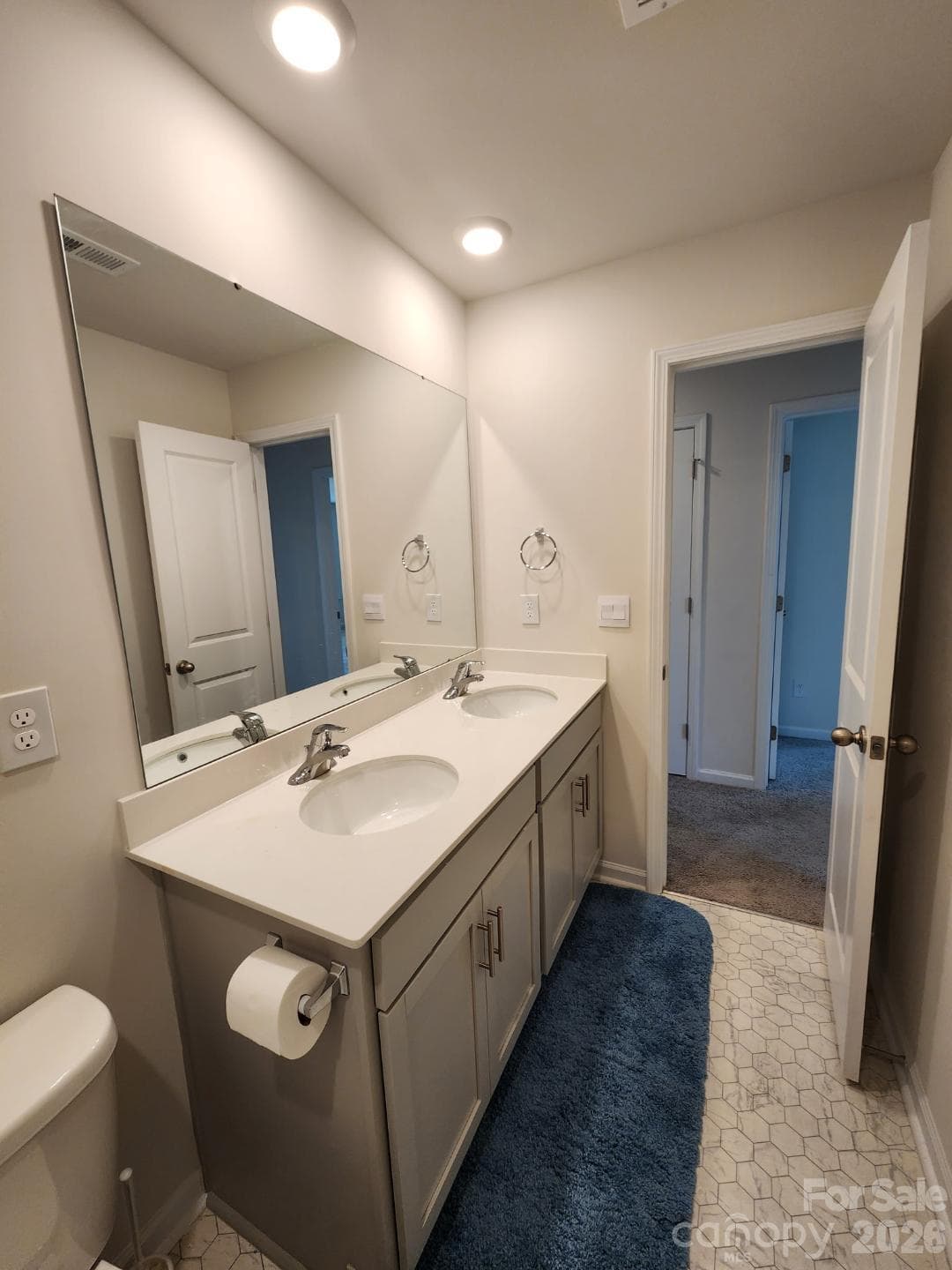 Hall bath features dual vanities. - 3741 Stanley Creek Drive, Mount Holly
