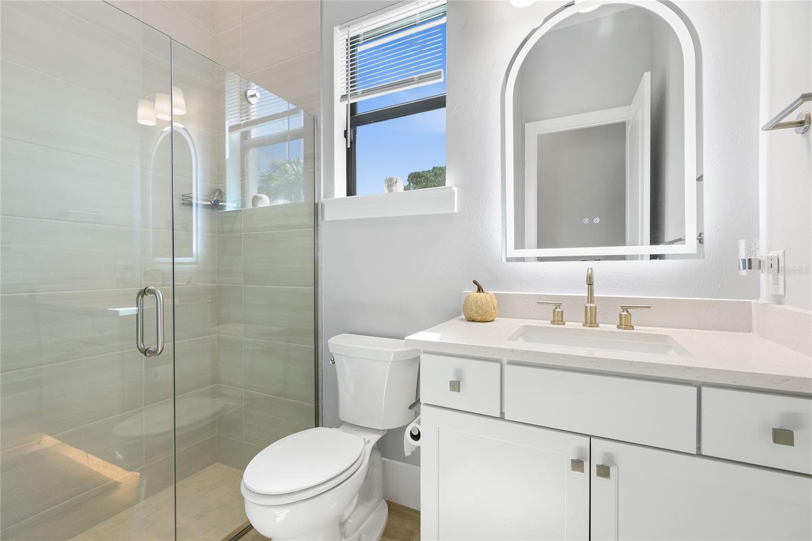 Bathroom 2 with walk-in shower and under lighting cabinetry, illuminating mirror. - 14726 EAGLE BRANCH DR, NOKOMIS