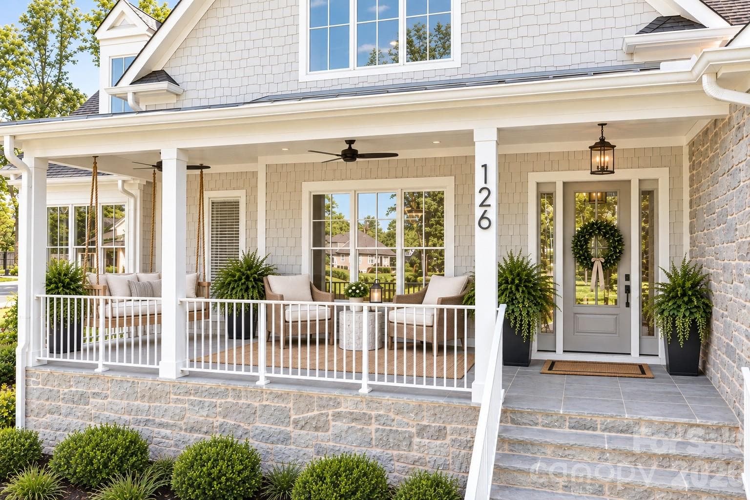 Welcoming over-sized limestone front porch - 126 Manorly Lane, Mooresville