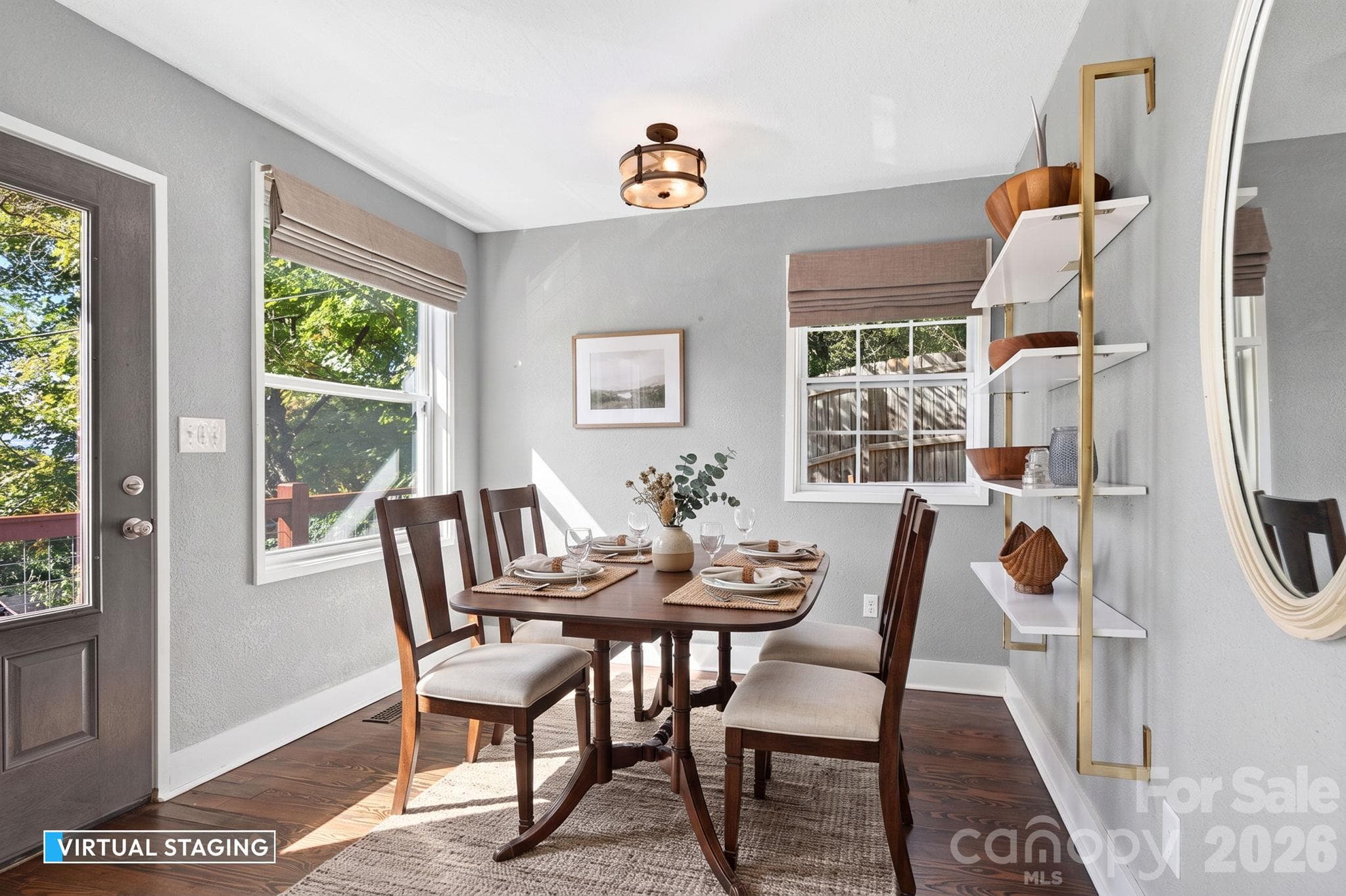 Entrance/Dining area. Virtually staged chairs and painting. - 2 Skyview Place, Asheville