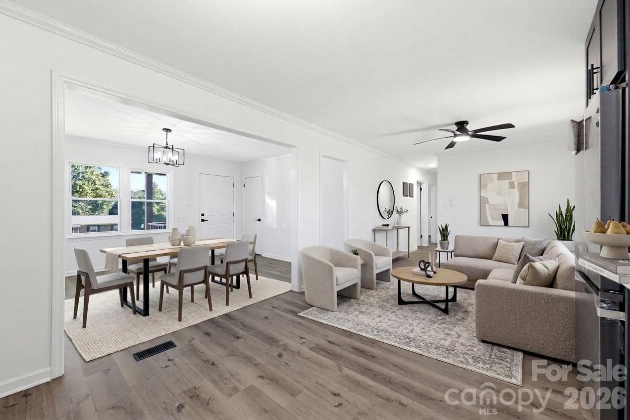 Virtually Staged living and dining area view from kitchen - 2859 Toney Road, Lawndale