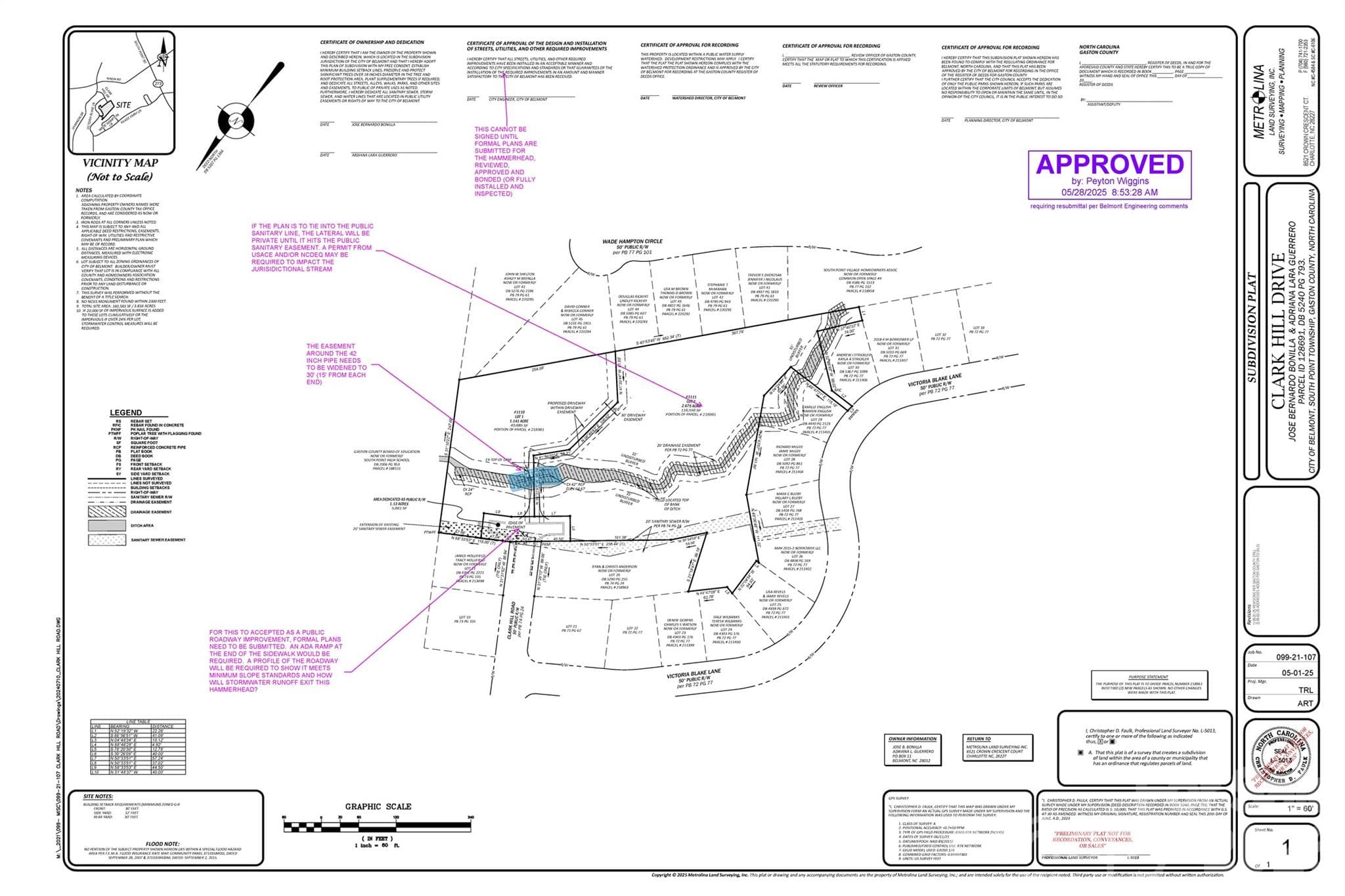 Survey with recent notes from the City of Belmont regarding the division of the parcel into 2 lots. - 1110 Clark Hill Drive, Belmont