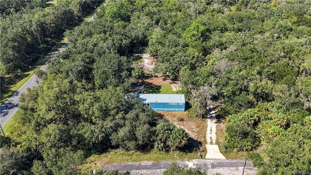 A BIRD'S-EYE VIEW! An aerial perspective showcases the home's wooded surroundings, natural landscape & driveway leading to the property. - 7528 N CHABAUD TER, CRYSTAL RIVER