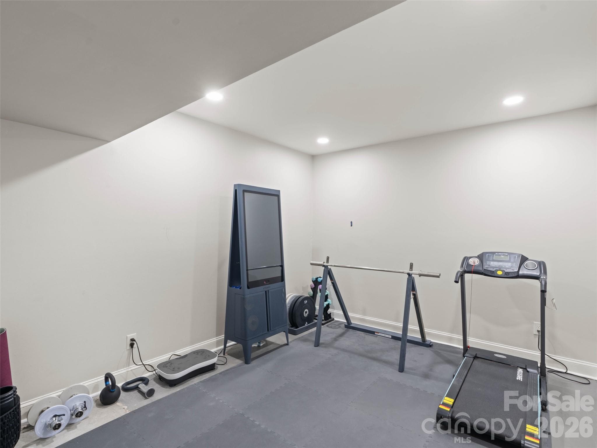 The possibilities are endless with this versatile basement flex space, included in the home’s heated living area (HLA)! Currently set up as a workout room, this adaptable space can easily be transformed into a home office, game room, media room, hobby area, or additional storage. Please note that only a portion of this room is included in the home’s heated living area (HLA) due to ceiling-height limitations where the HVAC vent extends lower. - 6626 Rocky Falls Road, Charlotte