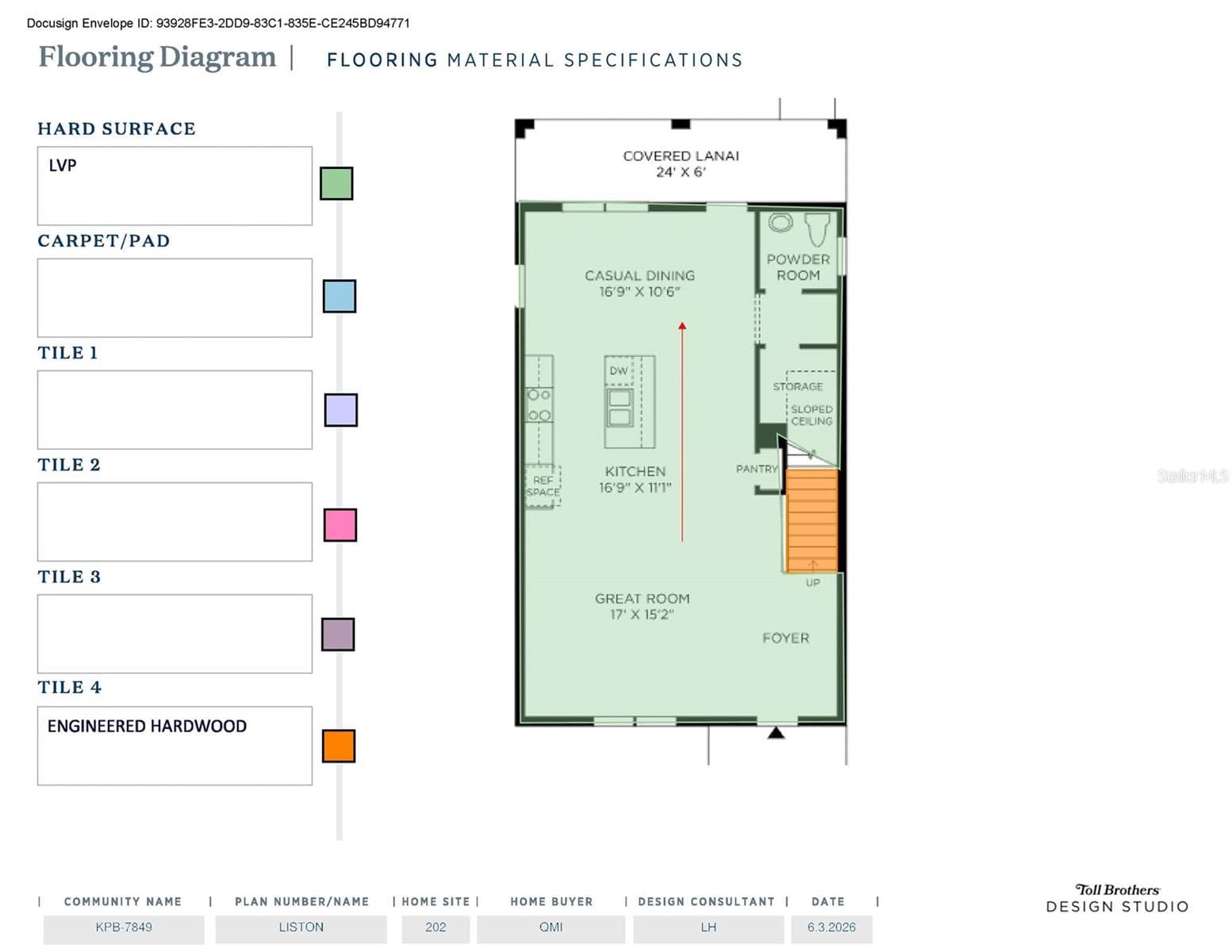 First floor diagram showcasing flooring upgrades - 2620 LONG PINE AVE, APOPKA