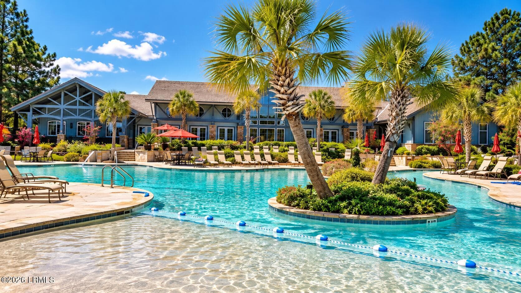 Sunlit Resort Pool with Palm Island - 224 Hampton Lake Drive, Bluffton, SC 29910, Bluffton