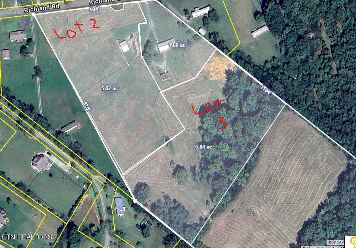 Lot 2 & 3 Aerial Boundaries - 11 Acres Richland Rd, Mascot, TN 37806