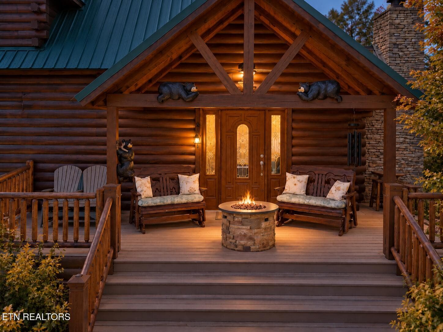 Cozy Log Cabin Porch at Dusk - 3341 Sugar Maple Loop Rd, Sevierville, TN 37862