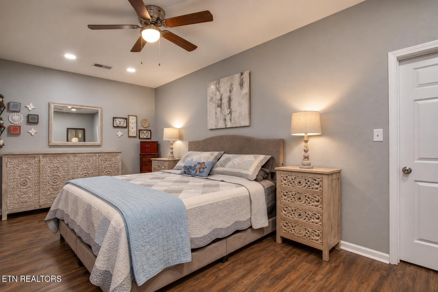 Staged Farmhouse Bedroom with Blue Quilt - 2760 River Island Blvd, Kodak, TN 37764, Kodak
