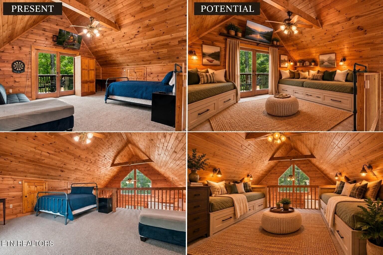 Rustic Attic Loft_ Present vs Potential - 118 Daryl Way, Sevierville, TN 37876, Sevierville