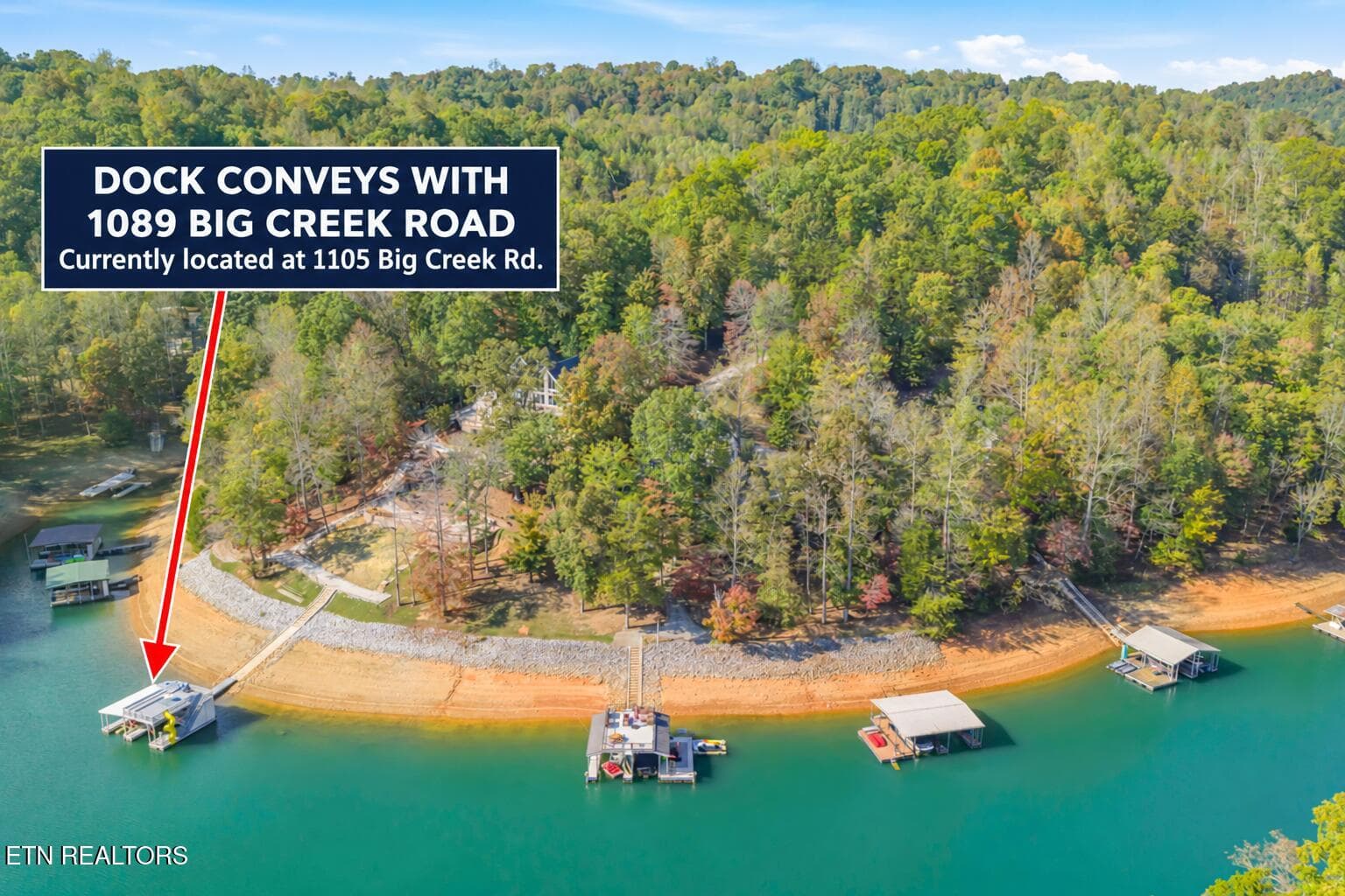 Aerial Property View with Dock Annotatio - 1089 Big Creek Rd, LaFollette, TN 37766, LaFollette