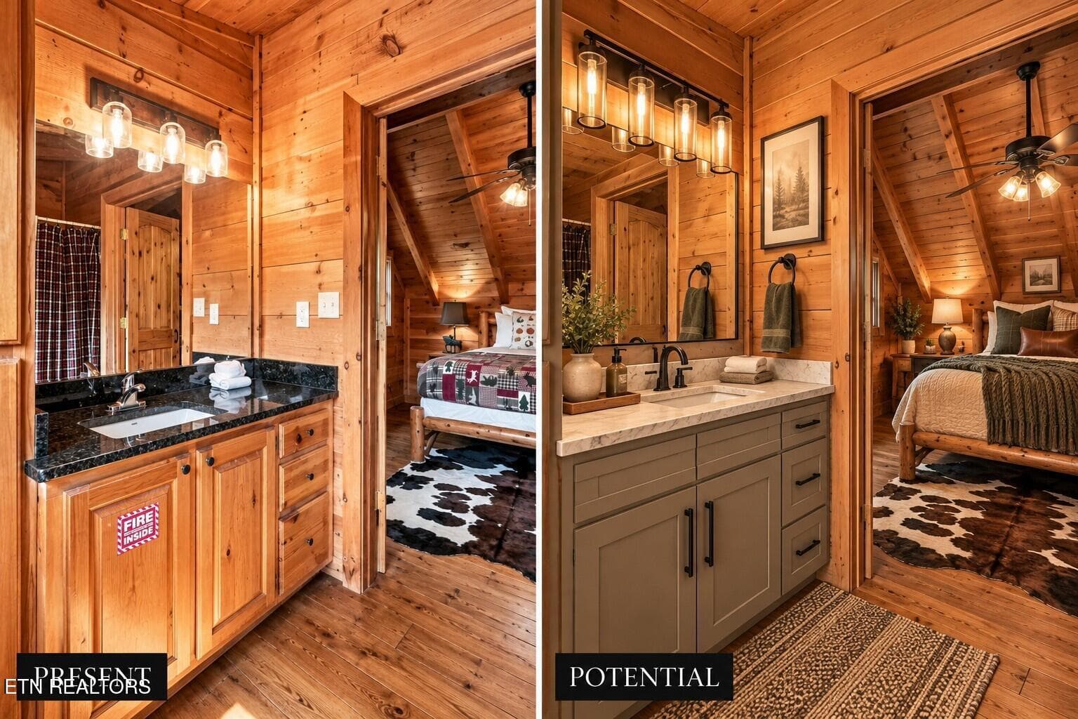 Rustic Cabin Bathroom Makeover Compariso - 1713 Bear View Rd, Sevierville, TN 37876